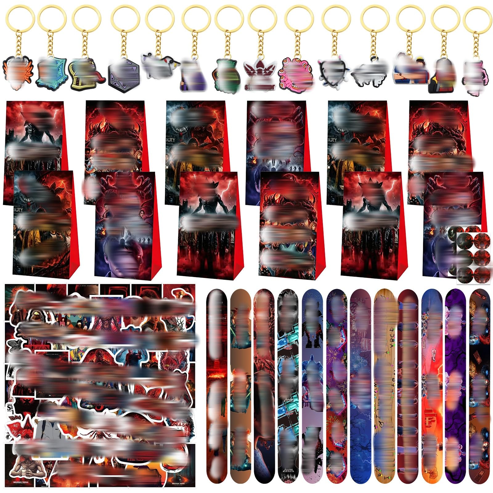 148pcs Cartoon Party Bags, Party Supplies with 12 Gift Bags, 12 Sealing Sticker, 100 Stickers,12 Keychains,12 Slap Bracelets, Party Decorations Kids Birthday Party Supplies, Goodie Bag Fillers