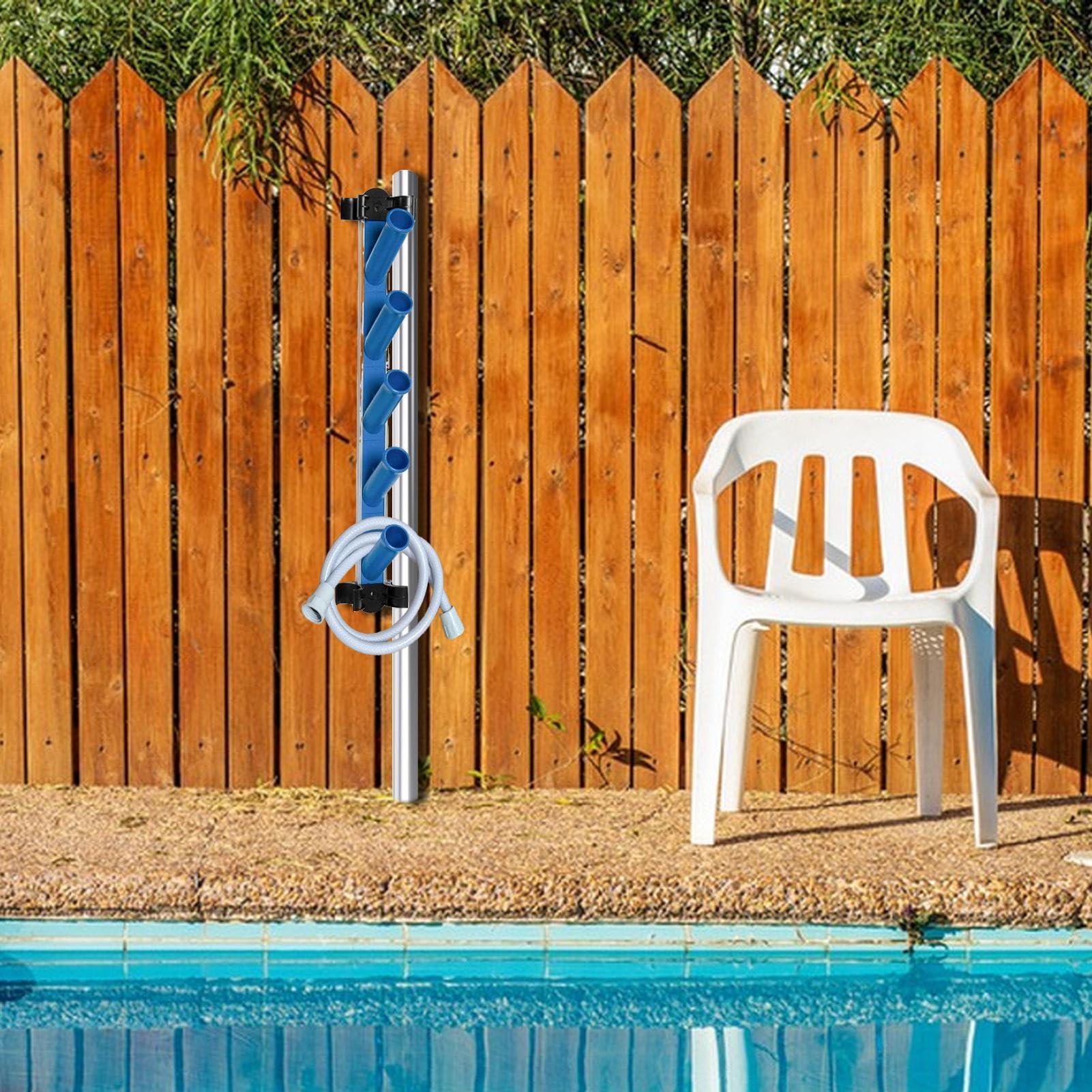 Pool Tool Organizer – 23.62 Inch Swimming Pool Storage Rack | Aluminum Vacuum Hose Storage – Holds Up to 5 Cleaning Accessories & 2 Poles Keeps Pools Area Tidy & Resistant to Outdoor Córrosion
