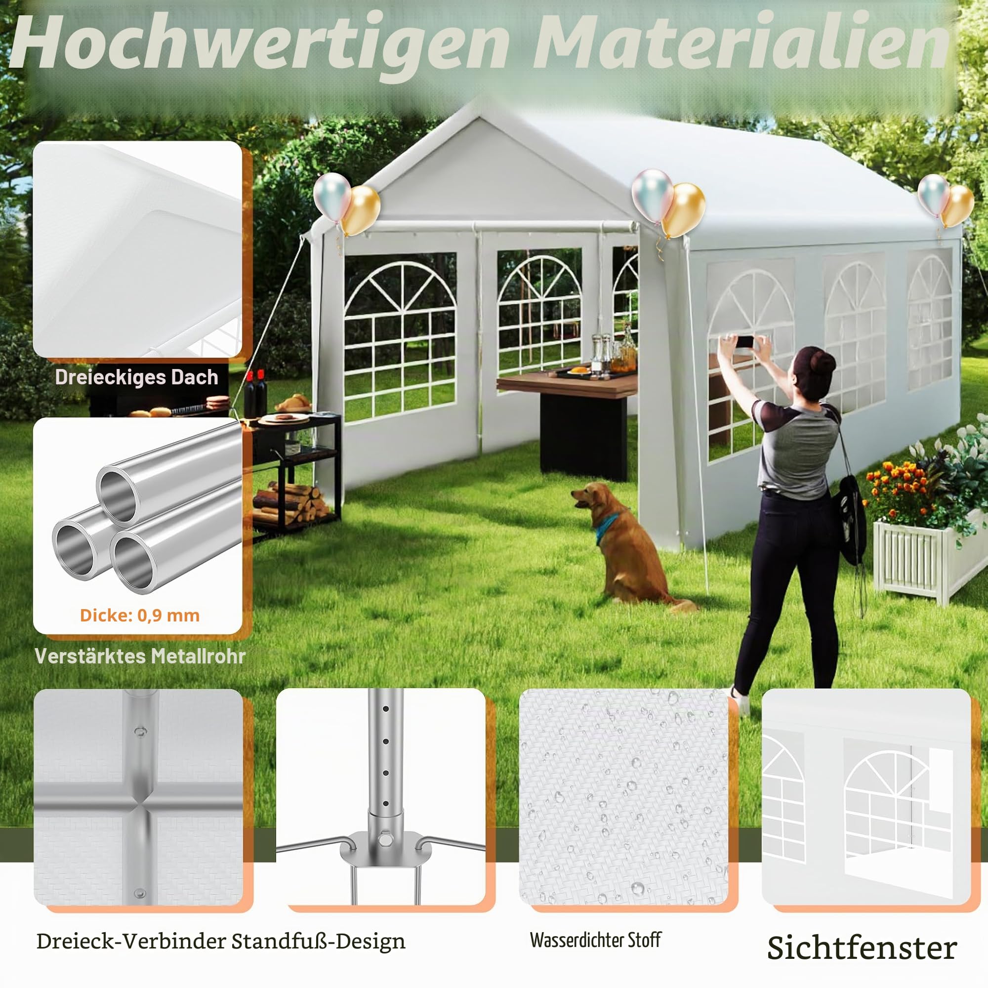 FIVMEN Pavillon Partyzelt 3x6 m mit 4 Abnehmbaren Seitenwänden Wasserdicht Stabil Winterfest Sonnenschutz Gartenpavillon Party Zelt Gartenzelt, Weiß