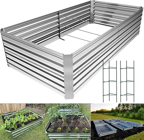 Cama de jardín elevada galvanizada de 8 x 4 x 2 pies con 2 jaulas de tomate, cama de jardín elevada de metal grande al aire libre, jardinera elevada