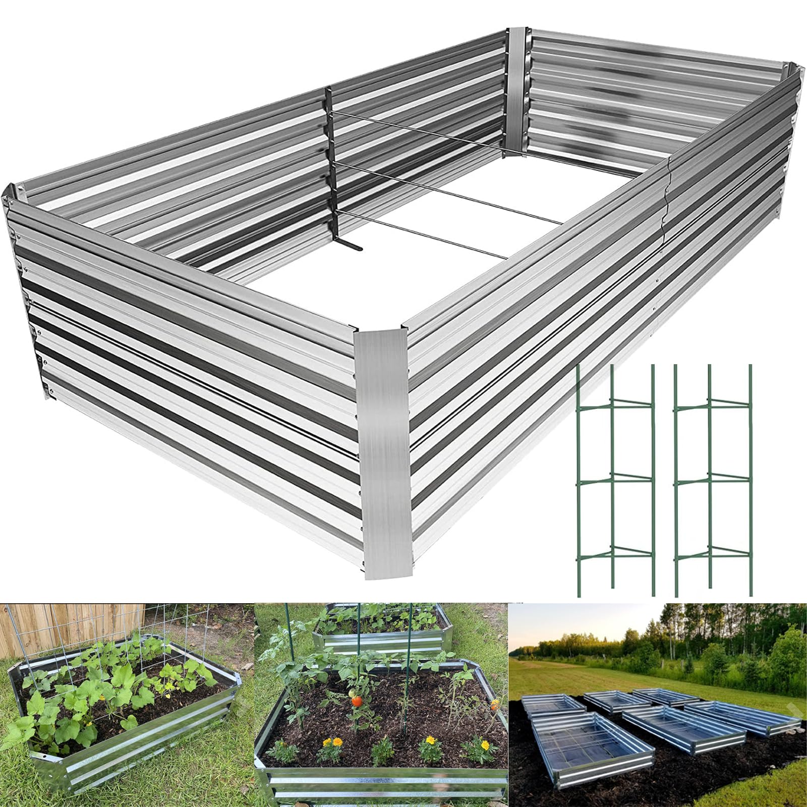 8×4×2 FT Galvanized Raised Garden Bed with 2Pcs Tomato Cage,Large Metal Raised Garden Bed Outdoor,Garden Metal Raised Planter Box for Gardening,Flowers, Herbs, Fruits