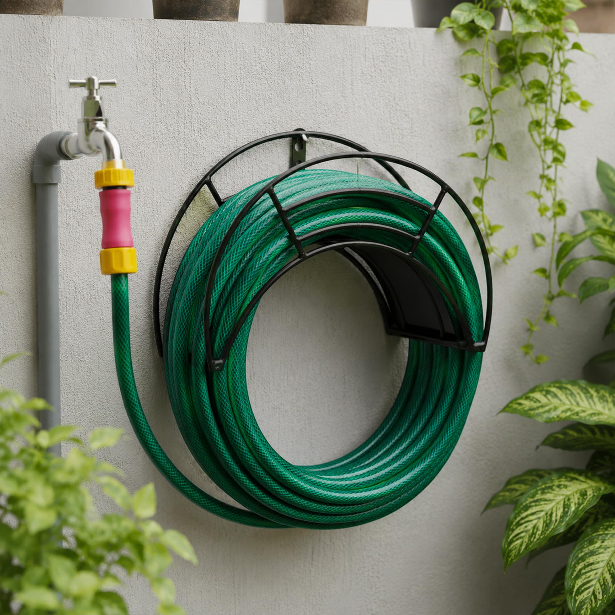 Urban Plant Wall Mount Garden Hose Hanger | Heavy-Duty Watering Hose Reel Holder for Garden, Outdoor, and Garage | Durable Metal Storage Hook for Hose Organization (Black)-image-44