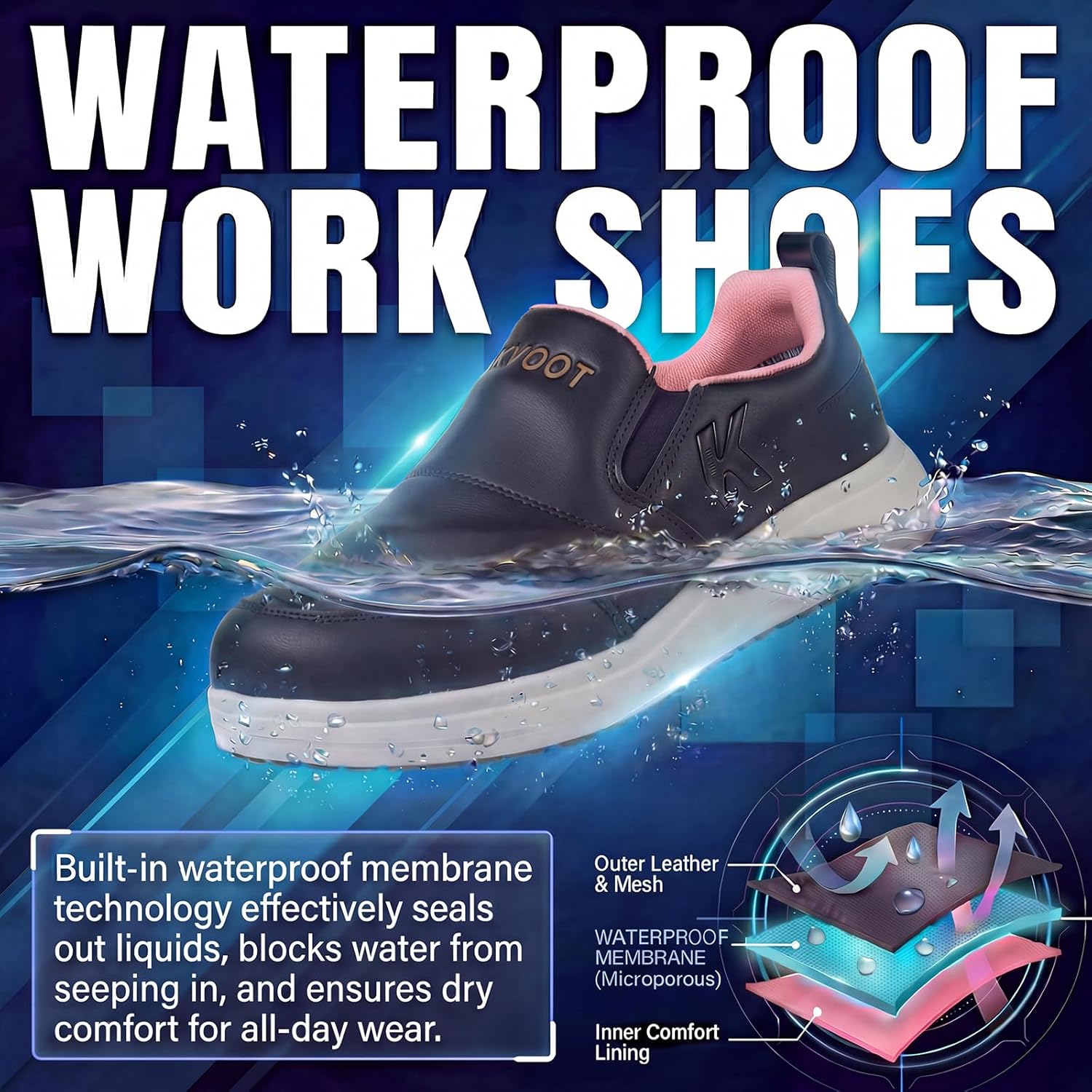 Slip-On Waterproof Non-Slip Wide Width Shoes for Women with Arch Support, Oil Resistant Lightweight Work Sneakers for Kitchen, Restaurant, Chefs, Food Service & Nursing Staff - Image 2