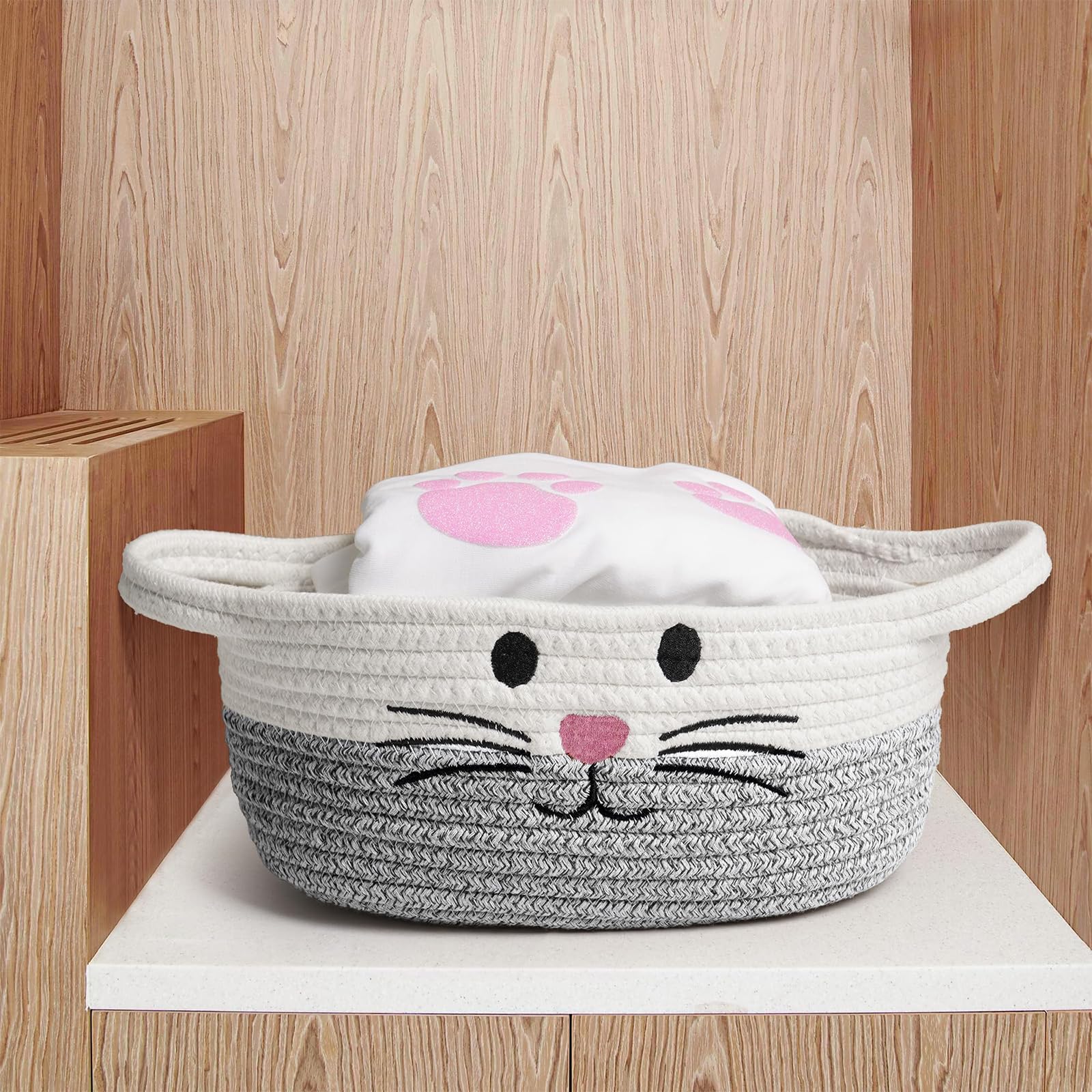 Calkkrer Grey Braided Cotton Rope Basket with Handle, Cute Storage Basket for Nursery Gift Basket, Toy Storage for Dogs and Cats - Image 4
