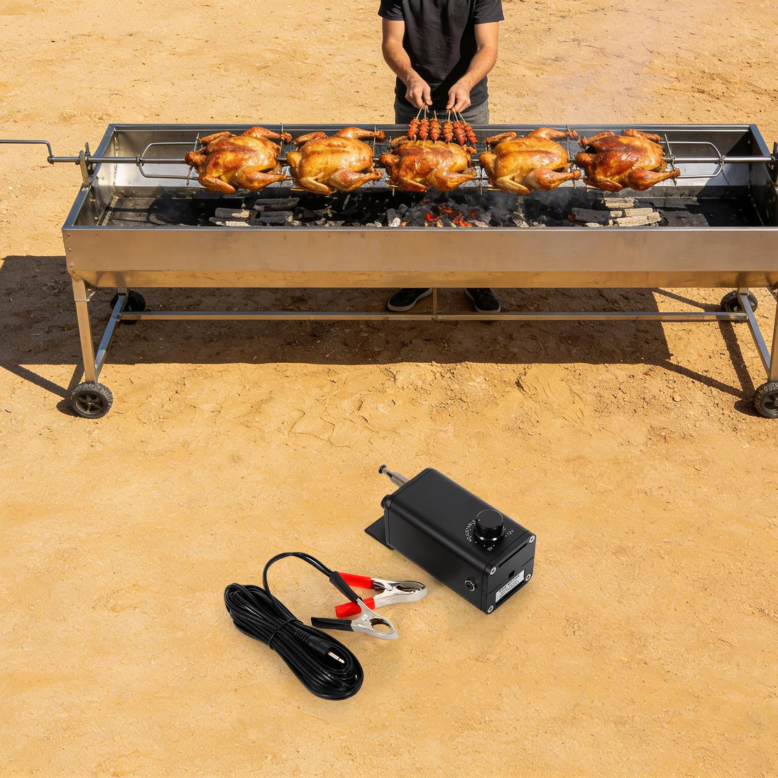 Elektrischer Rotisserie Motor 15W, Grillmotor mit Einstellbarer Geschwindigkeit 13–56 U/min, Drehspieß Motor 3–12V aus Aluminium, BBQ Motor mit Adapter & Autobatteriekabel für Grillspieß, Camping