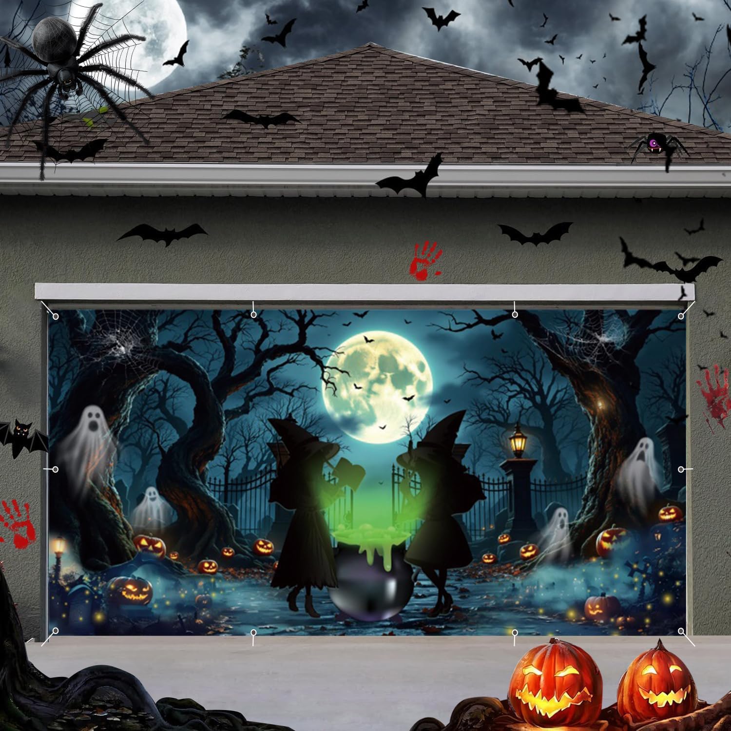 Halloween Garage Door Decorations Cover Banner 7x16ft Scary Halloween Backdrop Banner,Large Hanging 2 Car Garage Door Cover,Spooky Witch Horror Forest Backdrop Wall Decor for Outdoor Holiday Decorations