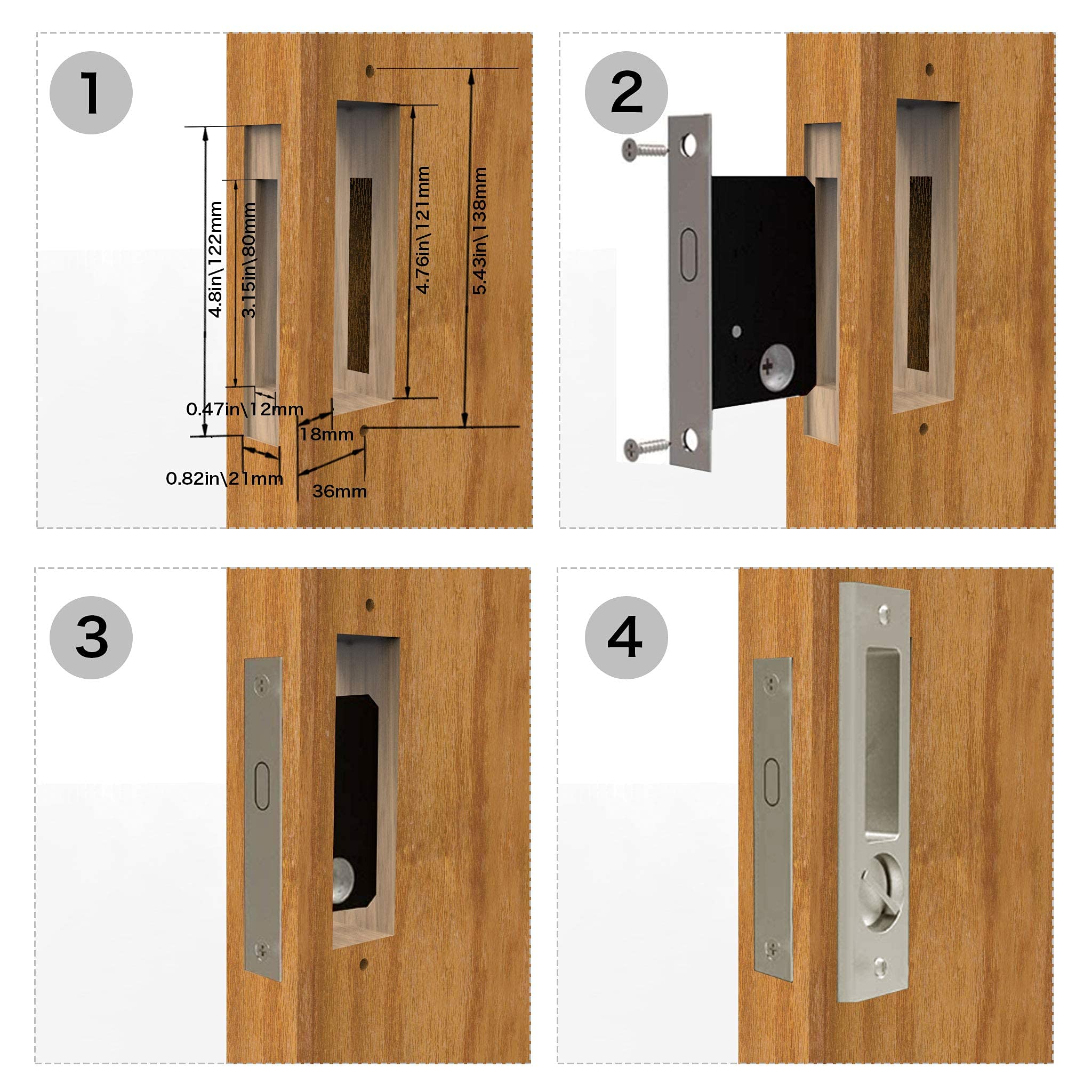 CCJH Cerradura de puerta corredera invisible empotrada con llaves para puerta de bolsillo, puerta de madera de granero, puerta interior, muebles de privacidad, herrajes plateados