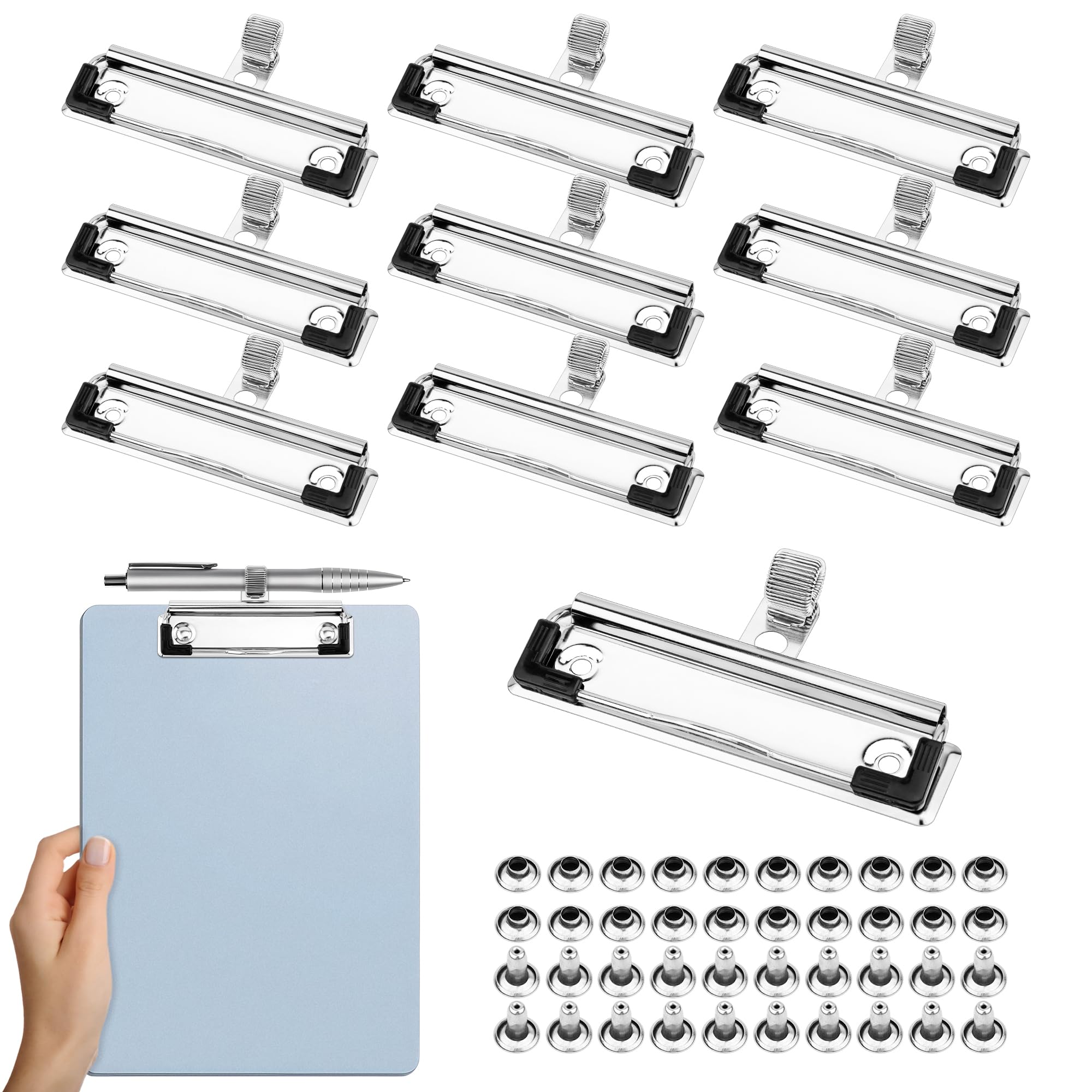 Meetory 10 Clips Portapapeles con Soporte Bolígrafos, Pinzas Metalicas A3 A4 A5, Clips Portadoocuments para Fijación en el Portapapeles Frontal, Agujero para Colgar, para Oficina, Escuela, Papelería