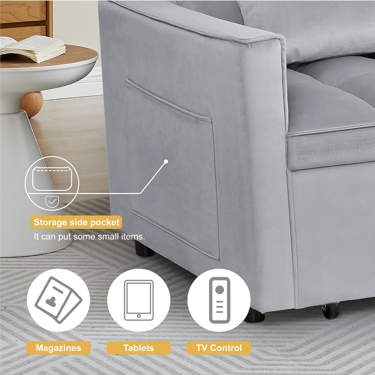 Convertible Sofa Bed, Love Seat Sleeper Bed with Side Pockets, 3 in 1 Velvet Fabric Pull Out Couch with Adjustable Backrest for Living Room, Bedroom, Apartment, Light Gray