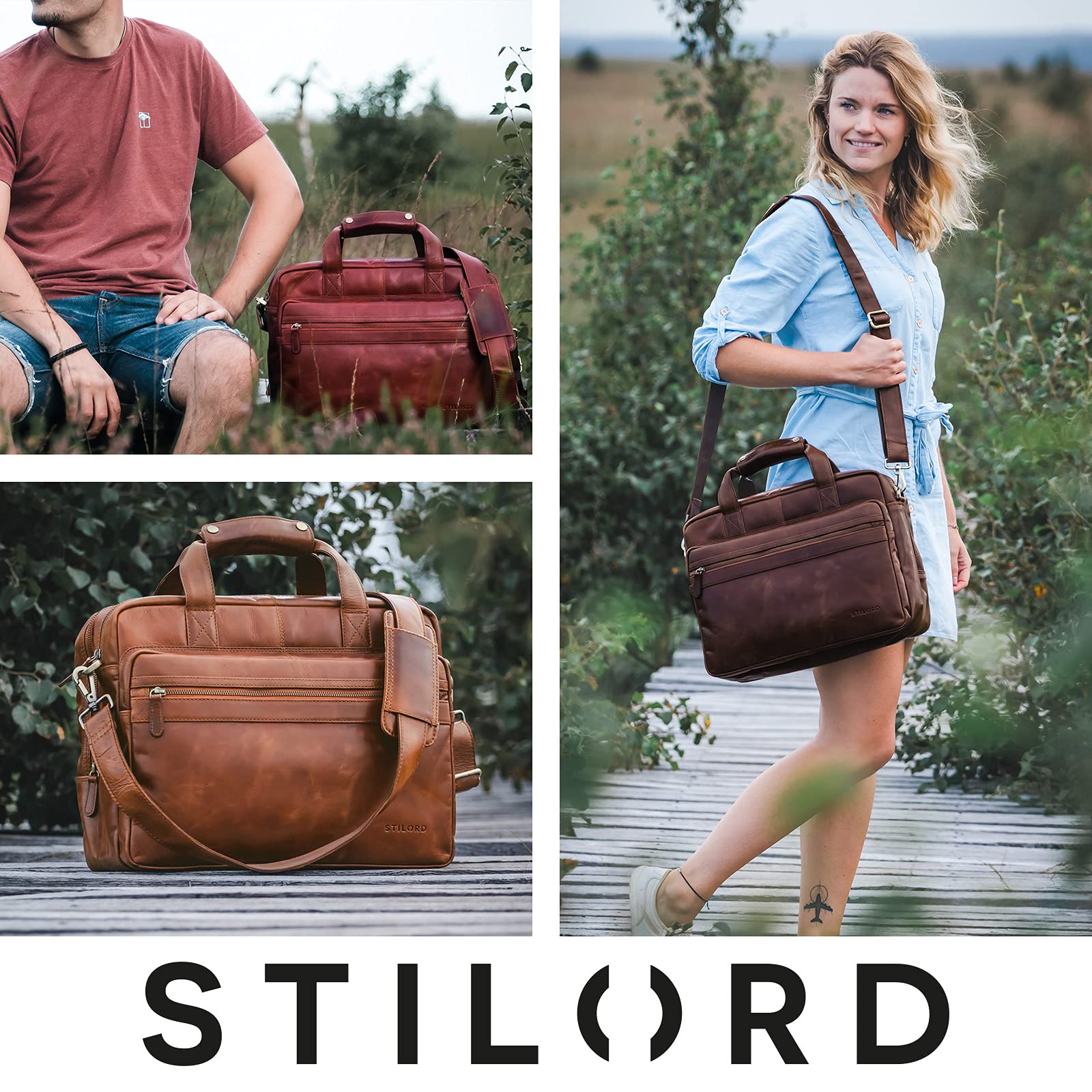 STILORD 'Adventure' Bolso de Piel para portátil de 14" Bolsa de Mensajero o Bandolera para Hombres y Mujeres Maletín para Profesor o Negocios de auténtico Cuero Color:marrón Oscuro - Opaco