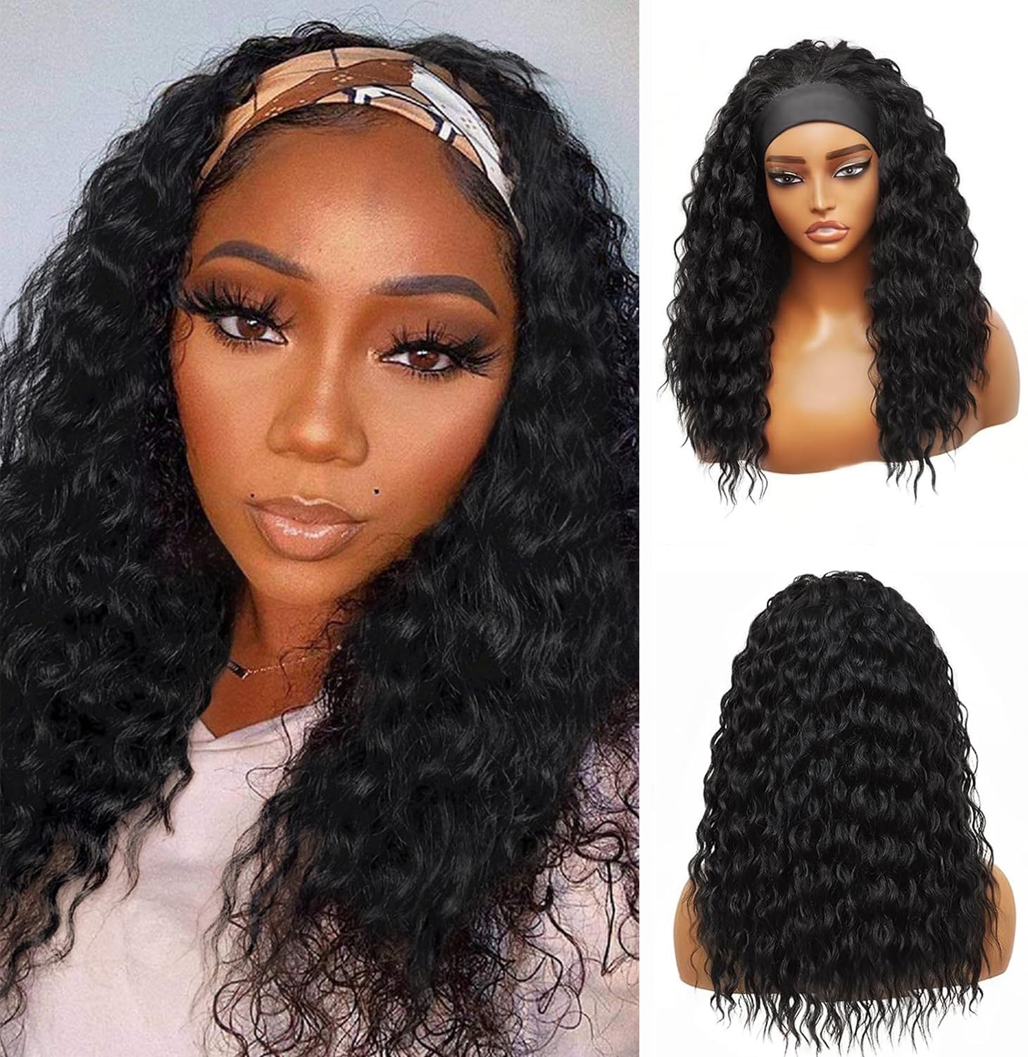 Headband Wig for Black Women 20Inch Black Curly Wavy Headband Wigs Water Wave Hair Wig Synthetic Black Wigs None Lace Front Wig (Natural Black 1B)