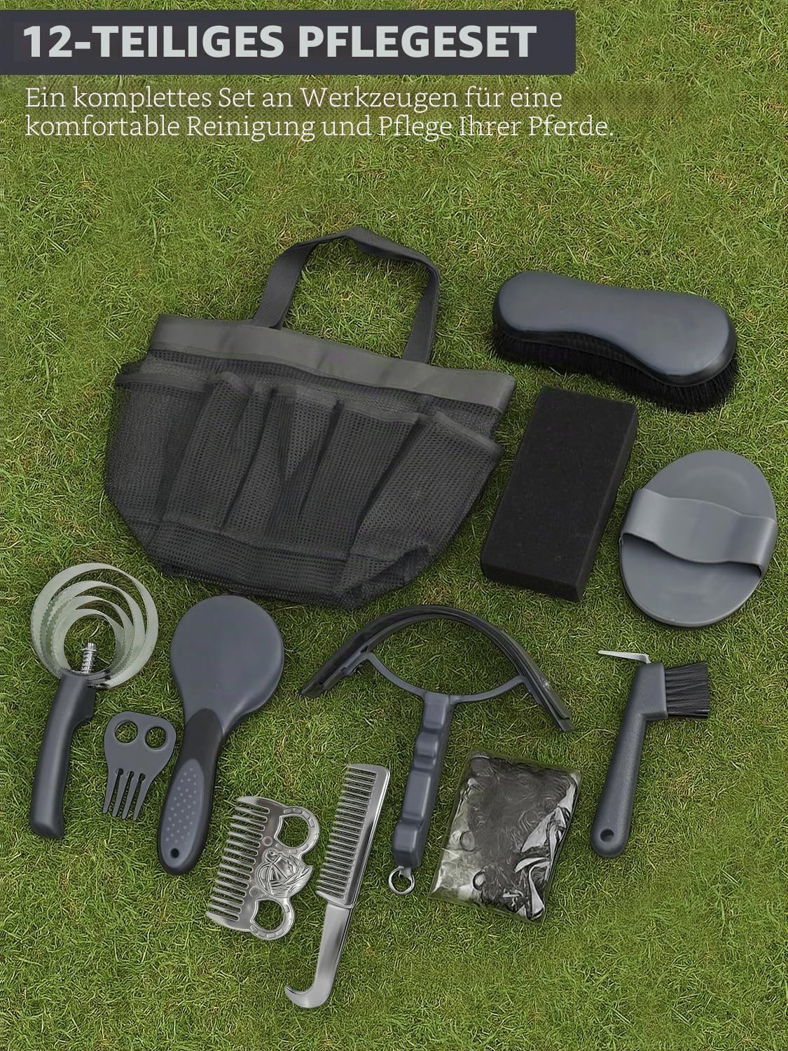 Pferdepflegeset, 12-teiliges Set – komplettes Pferdebürsten & Pflegebedarf-Set mit Organizer-Tragetasche, Pferdefellpflege-Werkzeug, Ausrüstung und Geschenke für Pferdebesitzer und -liebhaber