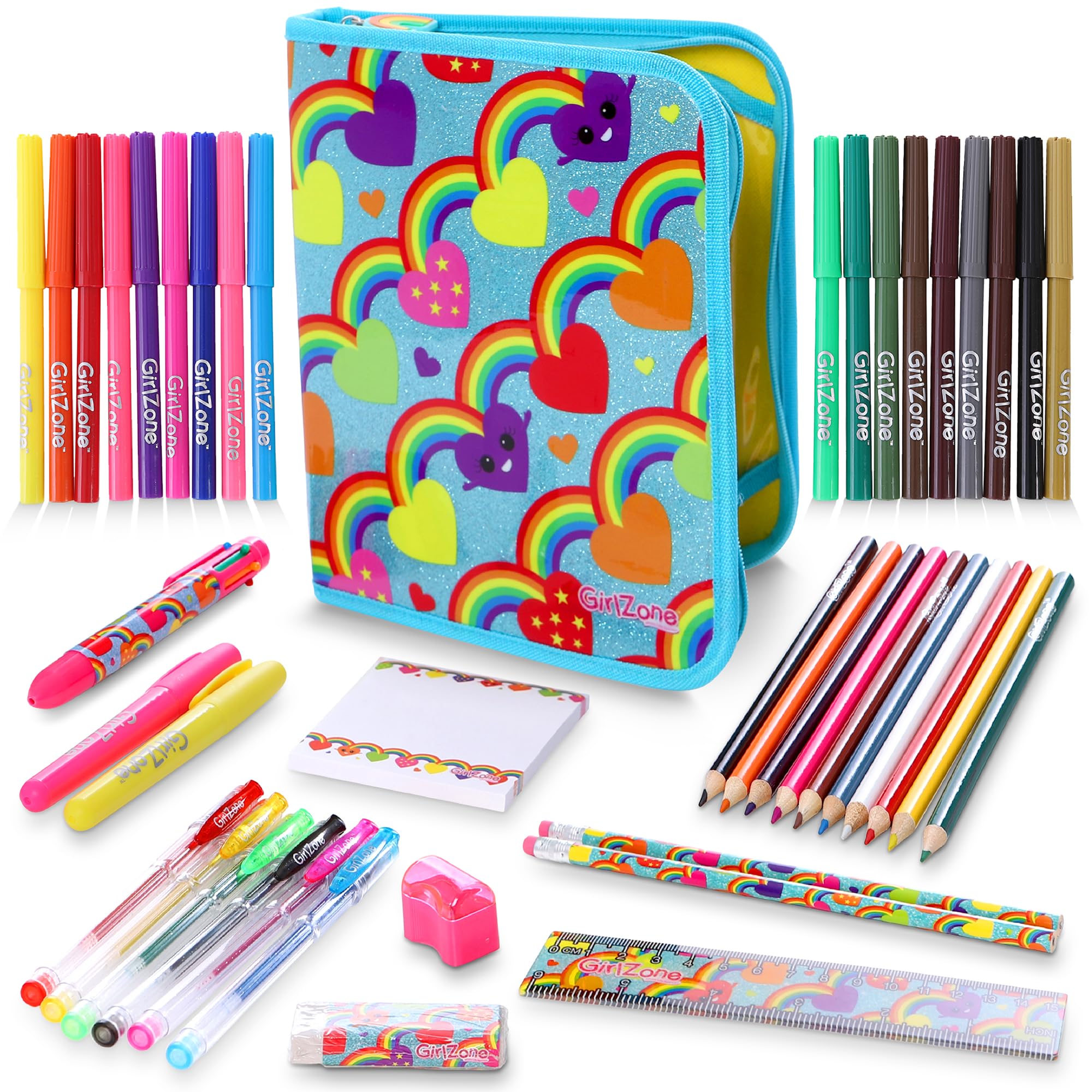 GirlZone Regalos para Niñas -Estuche Escolar Completo Niña, 43 Piezas De Útiles Escolares, Cumpleaños de Arco Iris y Unicornios, Estuche Escolar Niña