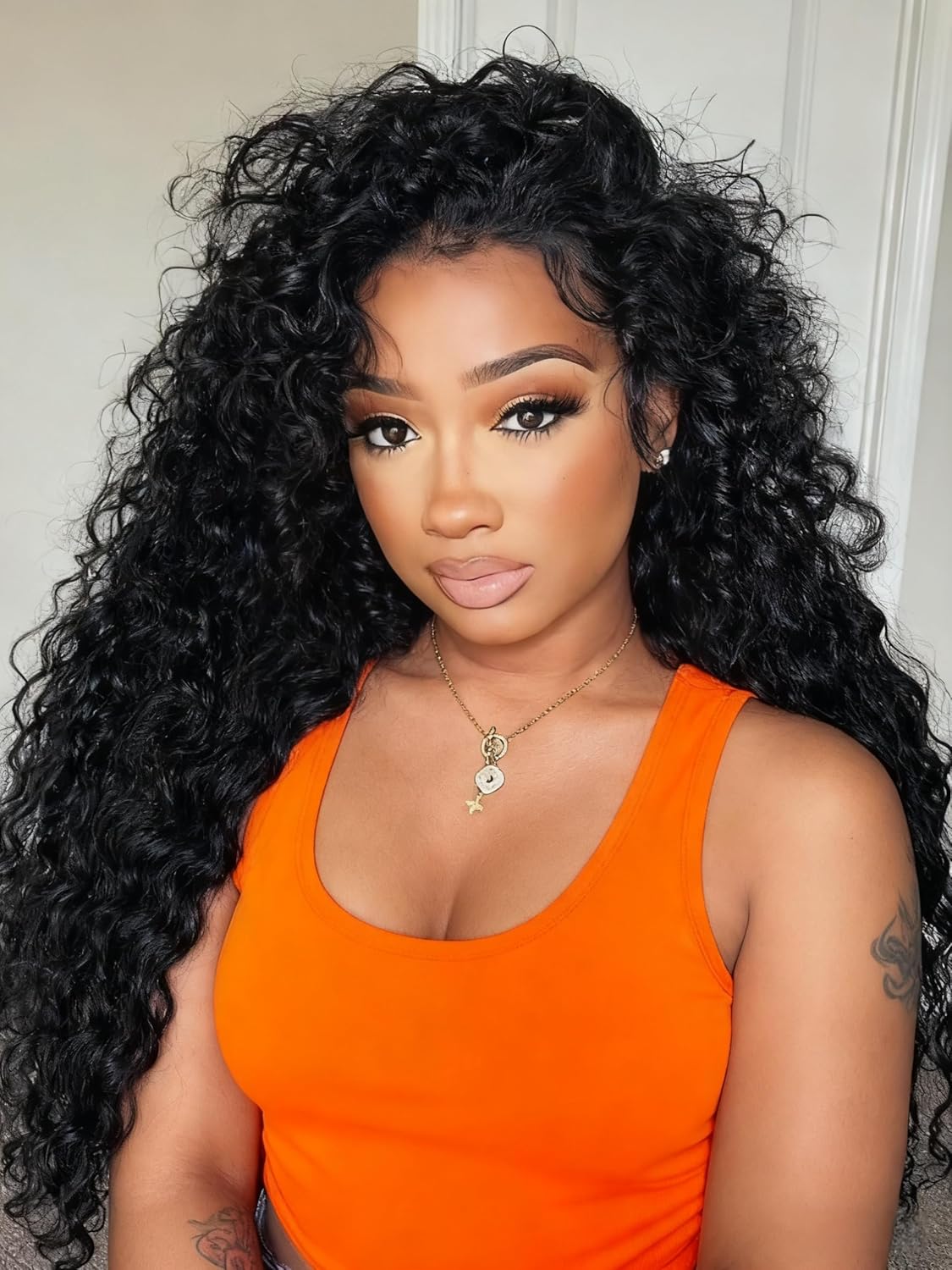 Deep Wave Half Wig Human Hair 200% Density Wear Go Glueless Wigs Human Hair 18 Inch Curly 3 In 1 Half Wigs for Women Drawstring Seamless Flip Headband Wig Beginner Friendly