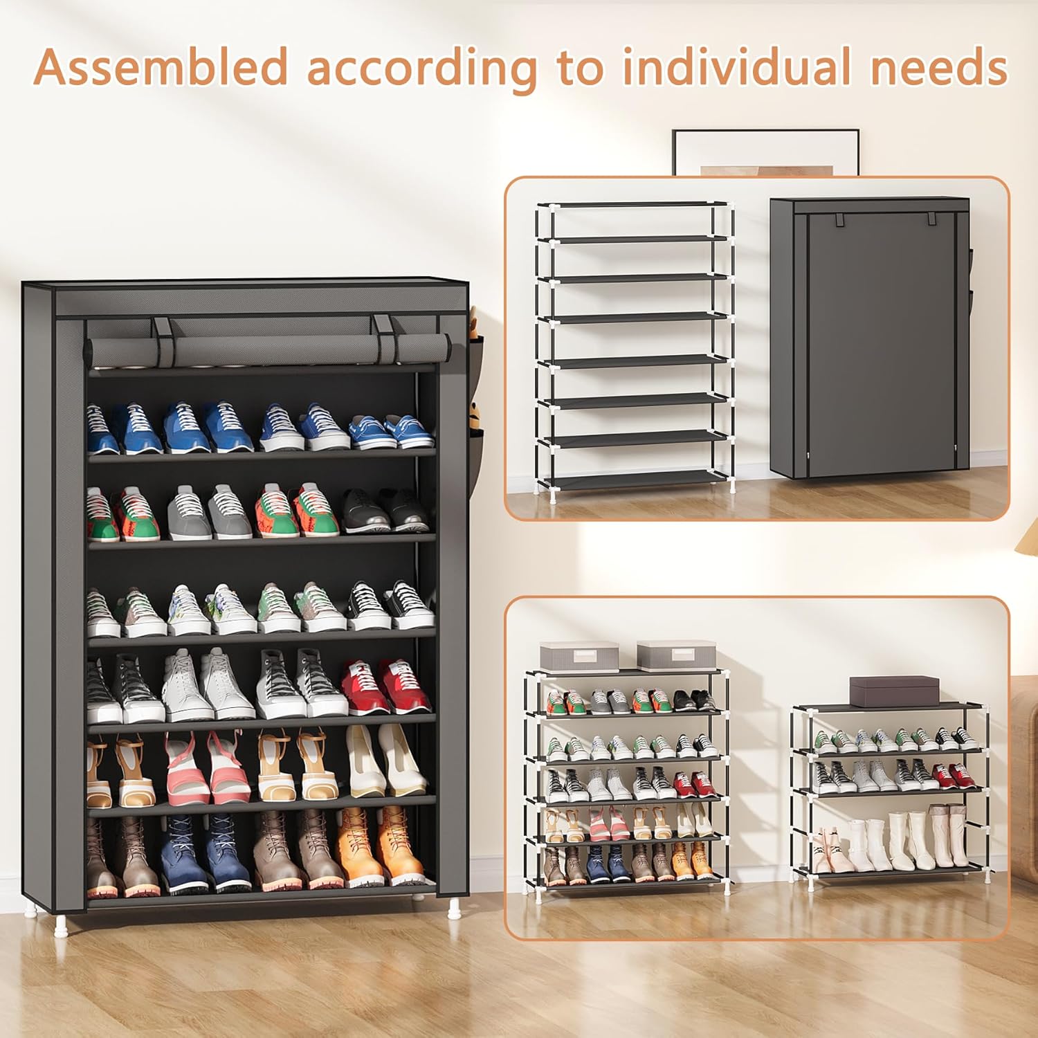 Laiensia 7-Tier Vertical Shoe Rack Organizer, Space Saving Shoe Storage Organizer, Non-Woven Cover Shoe Shelf Holds 28-35Pairs for Bedroom, Hallway, Closet Entryway, Black