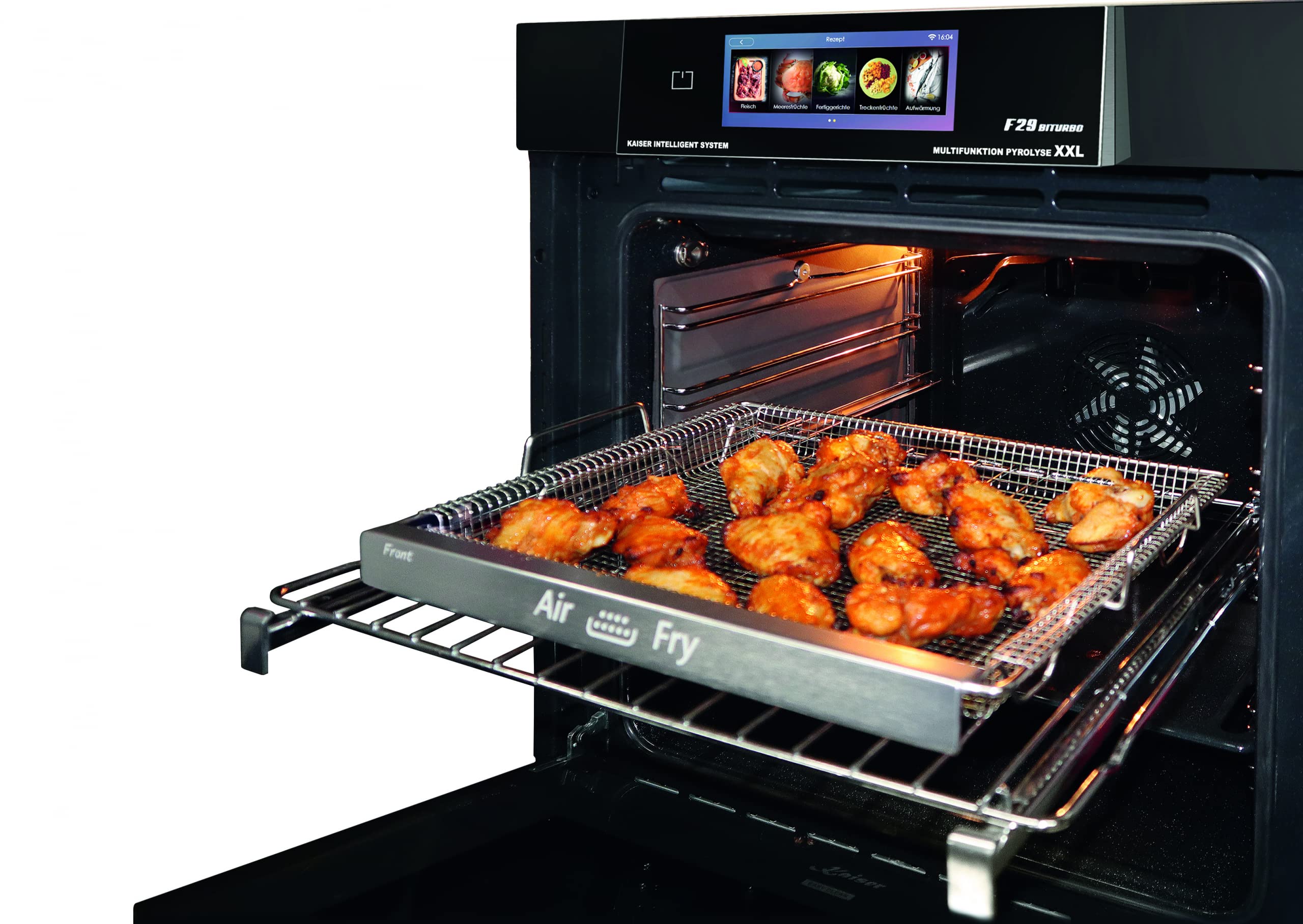 Kaiser EH 6344 Air Fryer Pyrolyse Einbaubackofen 79L – Backofen mit TFT Display, Heißluftfritteuse, Pyrolyse Selbstreinigung, Dampfreinigung, 29 Funktionen, Temperatursonde, Schwarz/INOX