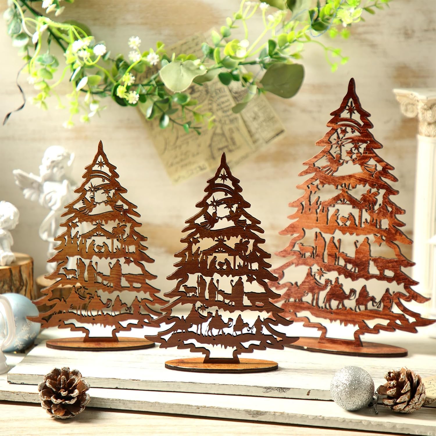 Huwena 3 Pcs Christmas Nativity Wooden Tree Table Ornament, Classic