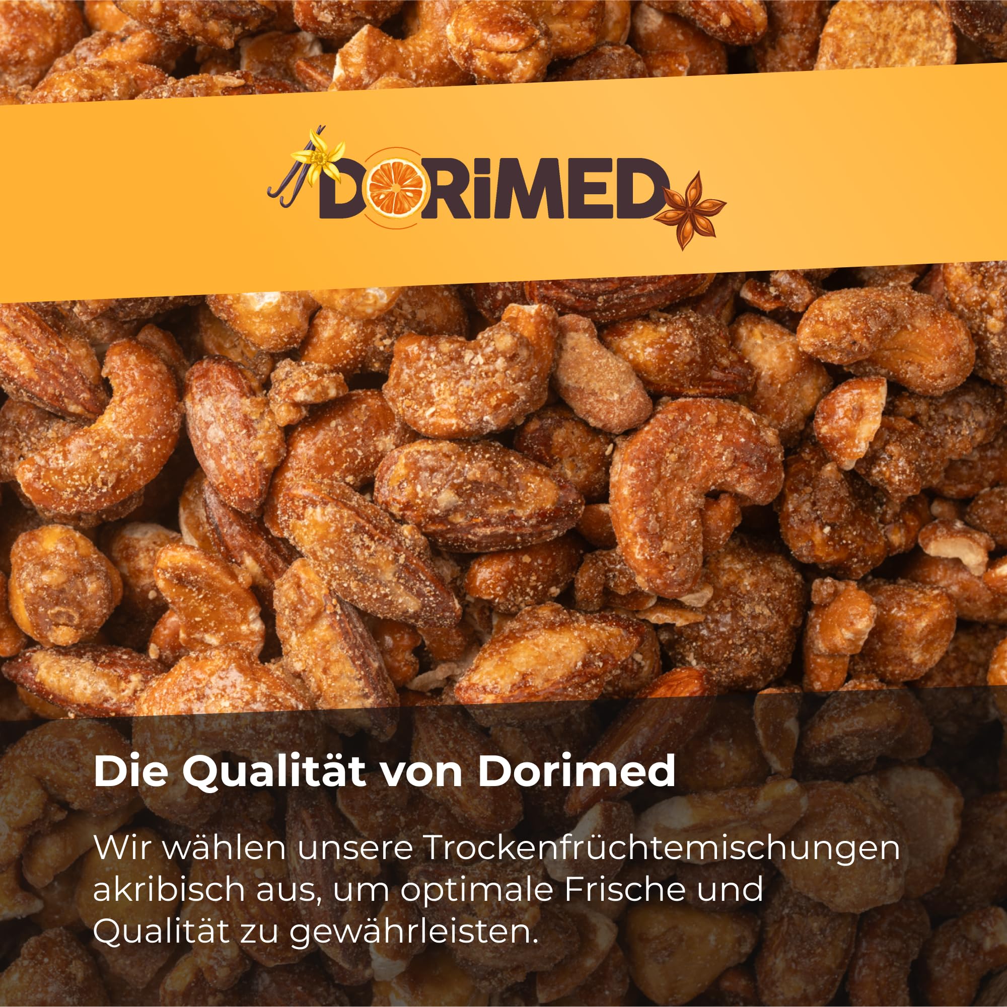 Nuss-Mischung 1 Kg, Nussmix, mit Honig karamellisiert (Cashewnüsse, Mandeln, Macadamianüsse, Pekannüsse) Gemischte Nüsse, karamellisiert mit Honig 1 kg | Verschiedene | Süßer Snack-Mix | Dorimed