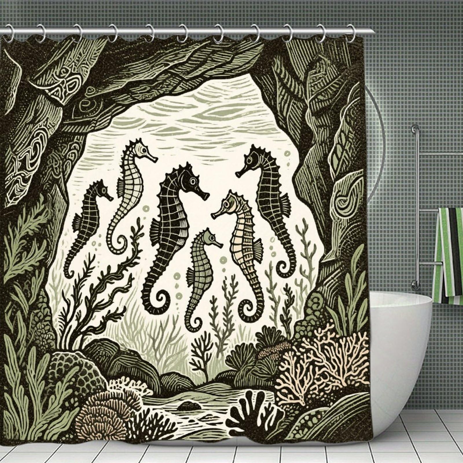 VstaDank Seahorses in Seafloor Cave Bath Curtain Elegant Heavy Duty Shower Curtains 70x70 in Rustic Farmhouse Cloth Shower Curtains Neutral Modern Bath Curtain for Bathroom