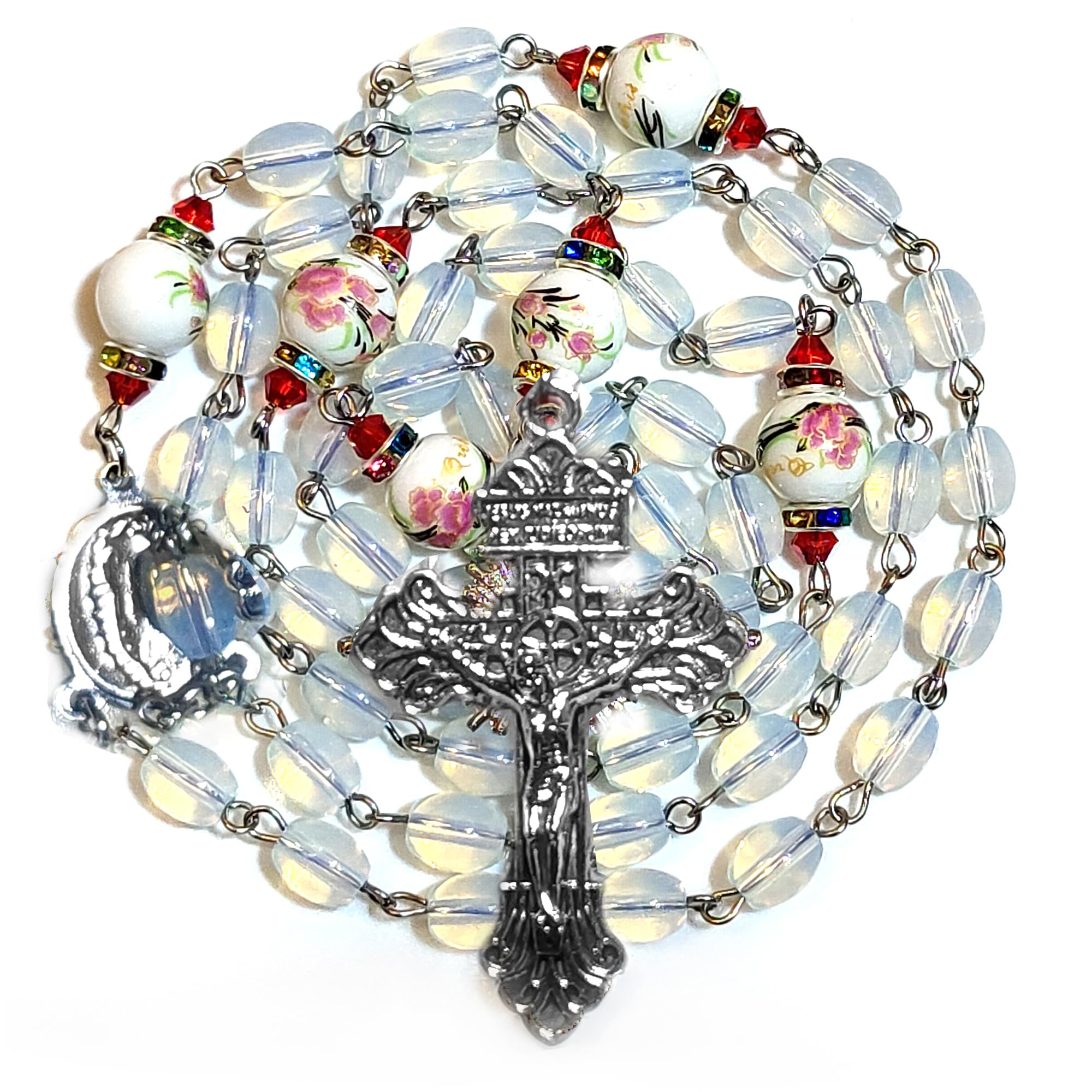 Koraliki różańca, sztuczny opal, krzyż z różańcami, katolickie prezenty, 57,9 cm, cynk, bez kamienia szlachetnego