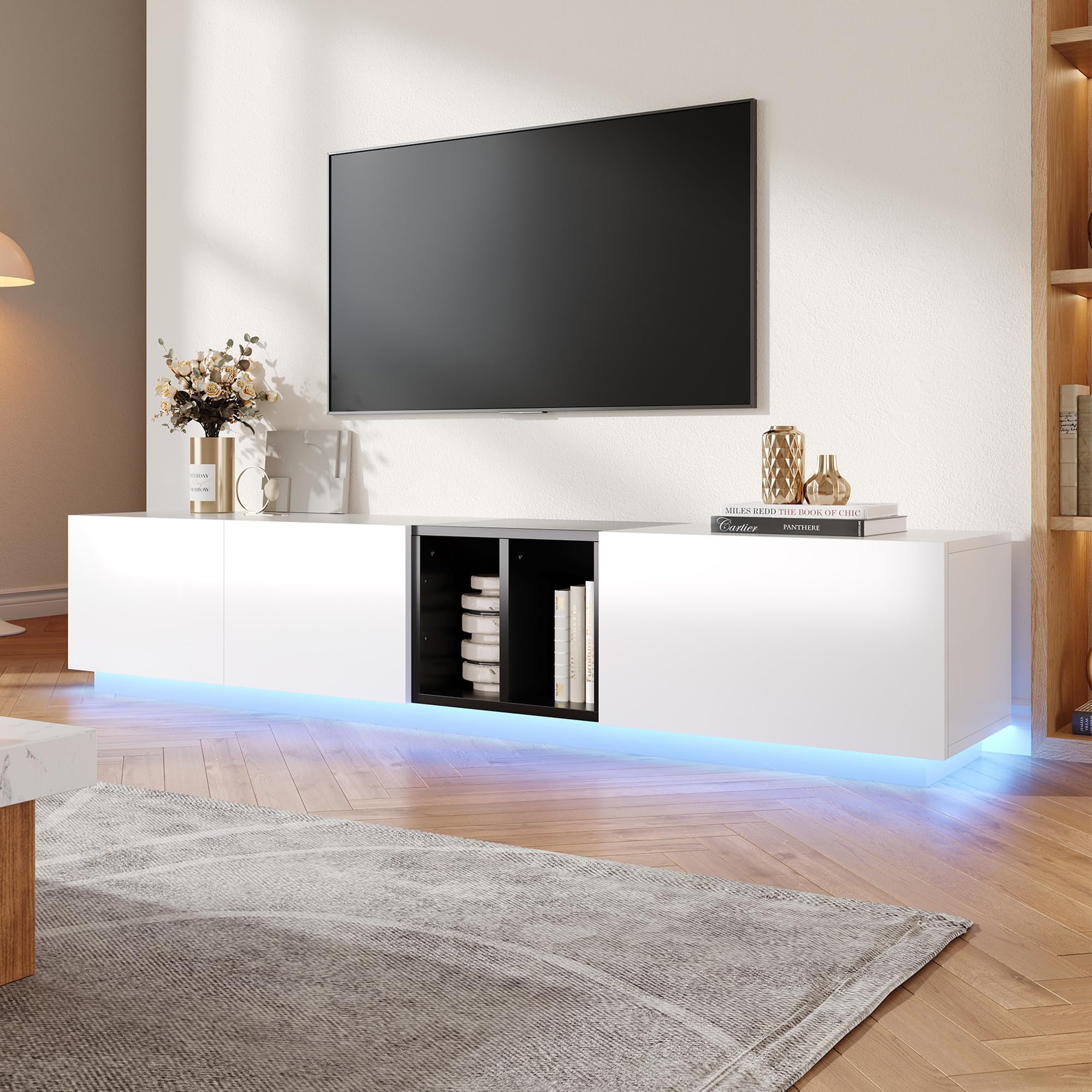 Azkoeesy Mueble de TV con iluminación LED de 190 cm, con cajón y puerta de armario, mueble de TV para salón, color blanco y negro (190 x 40 x 35 cm)