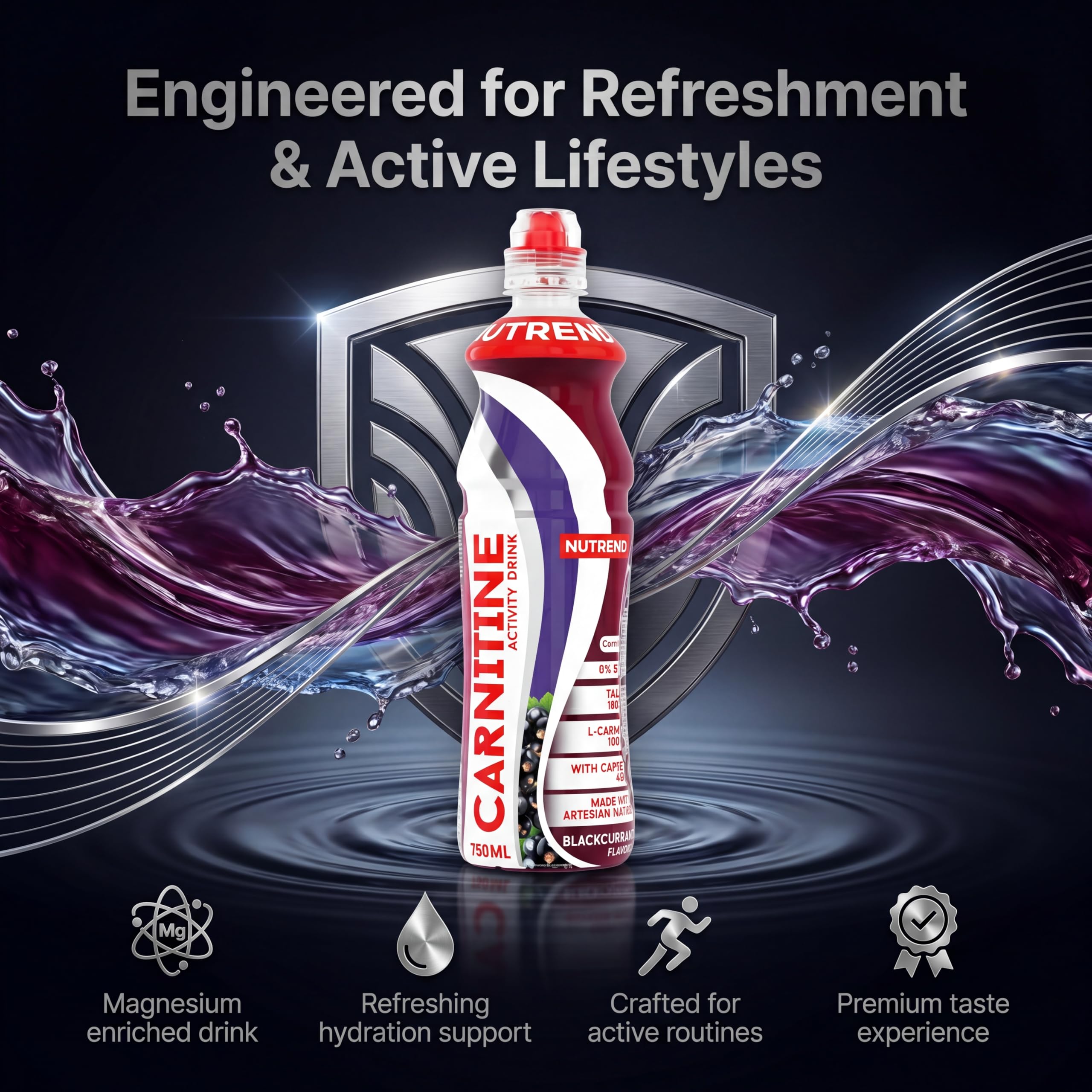 Boisson Nutrend Carnitine Saveur Cassis 750 ml Lot de 8 – Boisson Fitness Prête à Boire à la L-Carnitine pour Énergie, Hydratation et Mode de Vie Actif