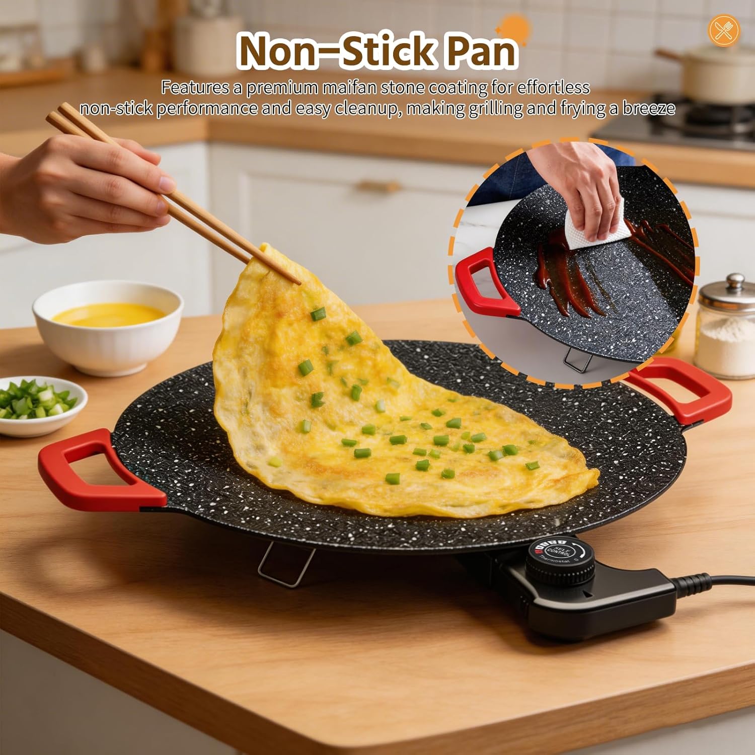 Indoor Smokeless Electric Griddle, with Non-Stick Cooking Surface & 5-Level Adjustable Temp, Multi-functional Korean Electric Indoor Grill for bbq, Steaks, Burgers, Pancakes (14.17in)