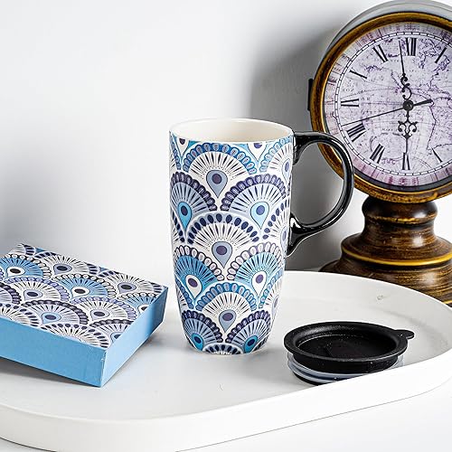 Miniatura 2 de Topadorn Taza de café de cerámica Taza de té de porcelana con mango de tapa y caja de regalo 17oz, azul