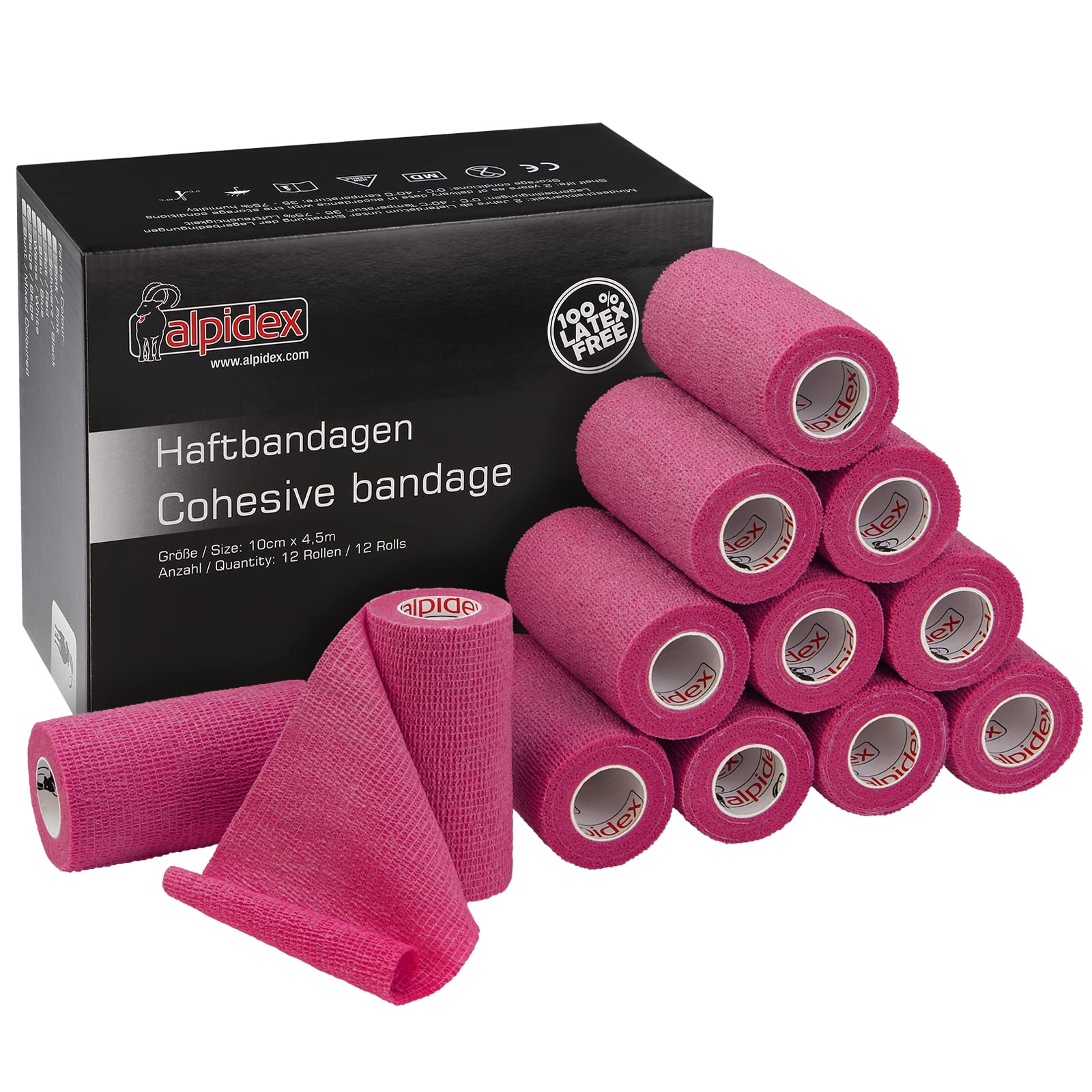 ALPIDEX 12 Rollen Haftbandage 10 cm x 4.5 m Selbstklebender Verband Pet Bandagen Fixierband Sport Vet Wrap Tape Selbsthaftend, Farbe:pink