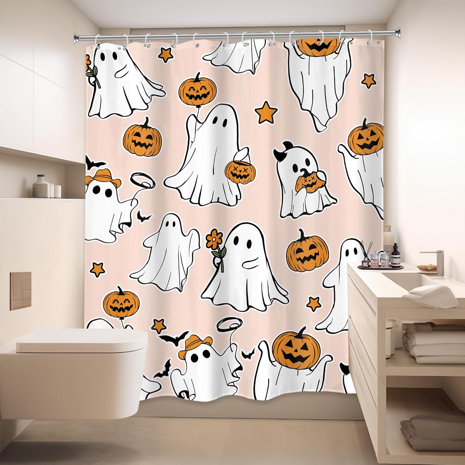 LIGHTINHOME Halloween Shower Curtain 60Wx72H Inches Cute Funny Cartoon Ghost Pumpkin Lantern Autumn Harvest Spooky Kids Boys Girls Cloth Fabric Waterproof Polyester Bathroom Home Decor Set with Hooks
