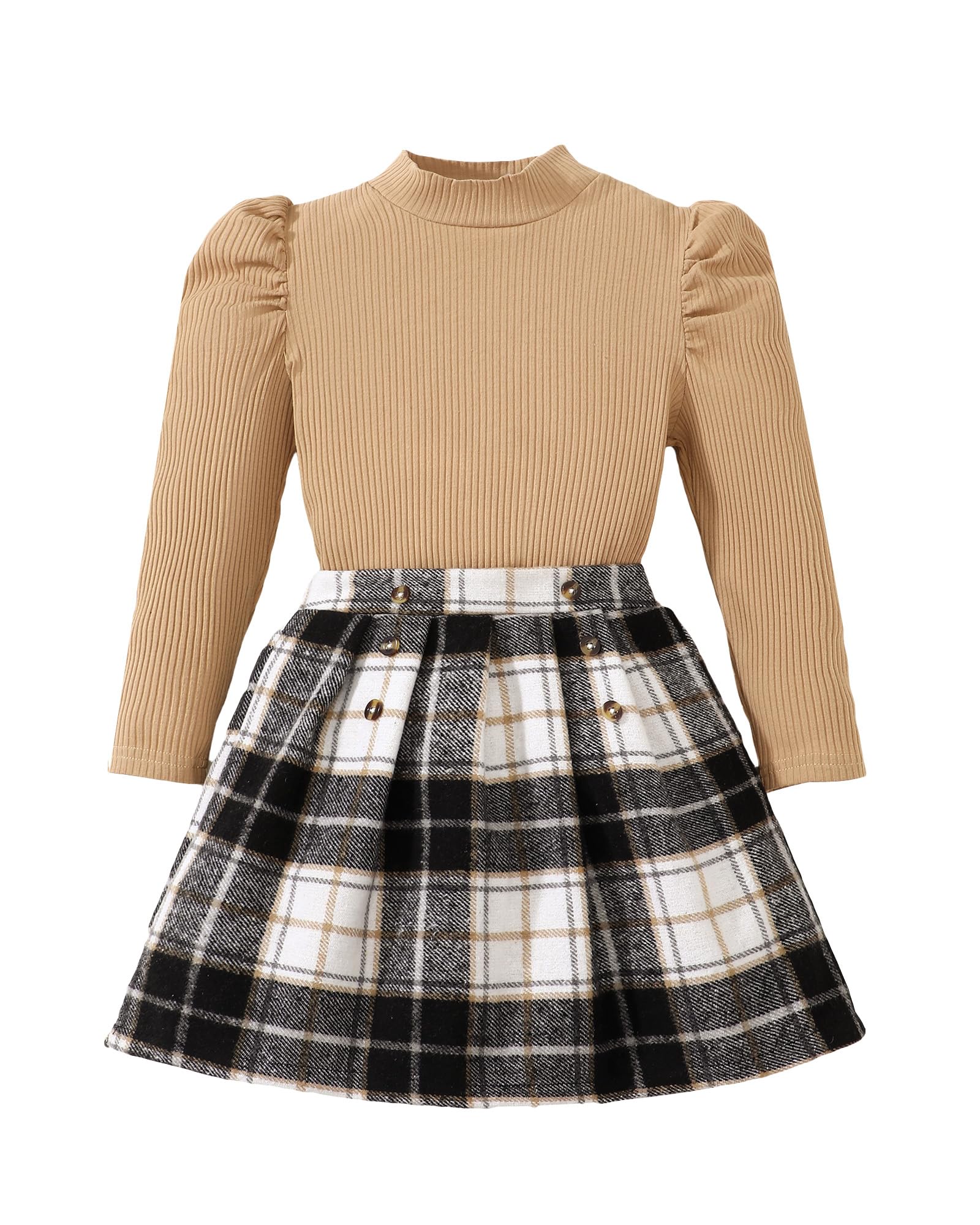 Kucnuzki Toddler Baby Girl Fall Winter Clothes Long Sleeve Ribbed Shirt Top Corduroy Mini Skirt Plaid A-line Dress Outfit
