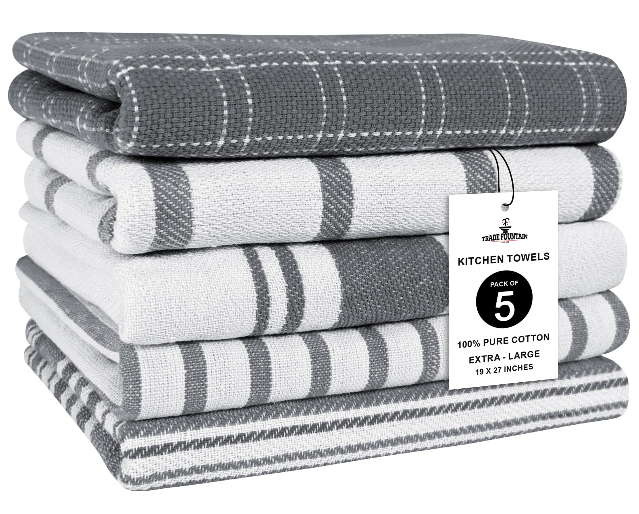Trade Fountain Tea Towels - Pack of 5 Tea Towels for Kitchen Accessories - 50 X 70 CM Kitchen Towels - Extra Absorbent Dish Cloth - 100% Pure Cotton (GREY)