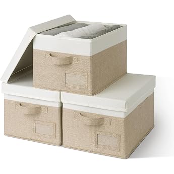 GRANNY SAYS Storage Boxes with Lid Fabric Pack of 3 Boxes Storage for Cupboard Khaki Boxes with Lid Storage Foldable Storage Basket with Lid Wardrobe Organiser Boxes