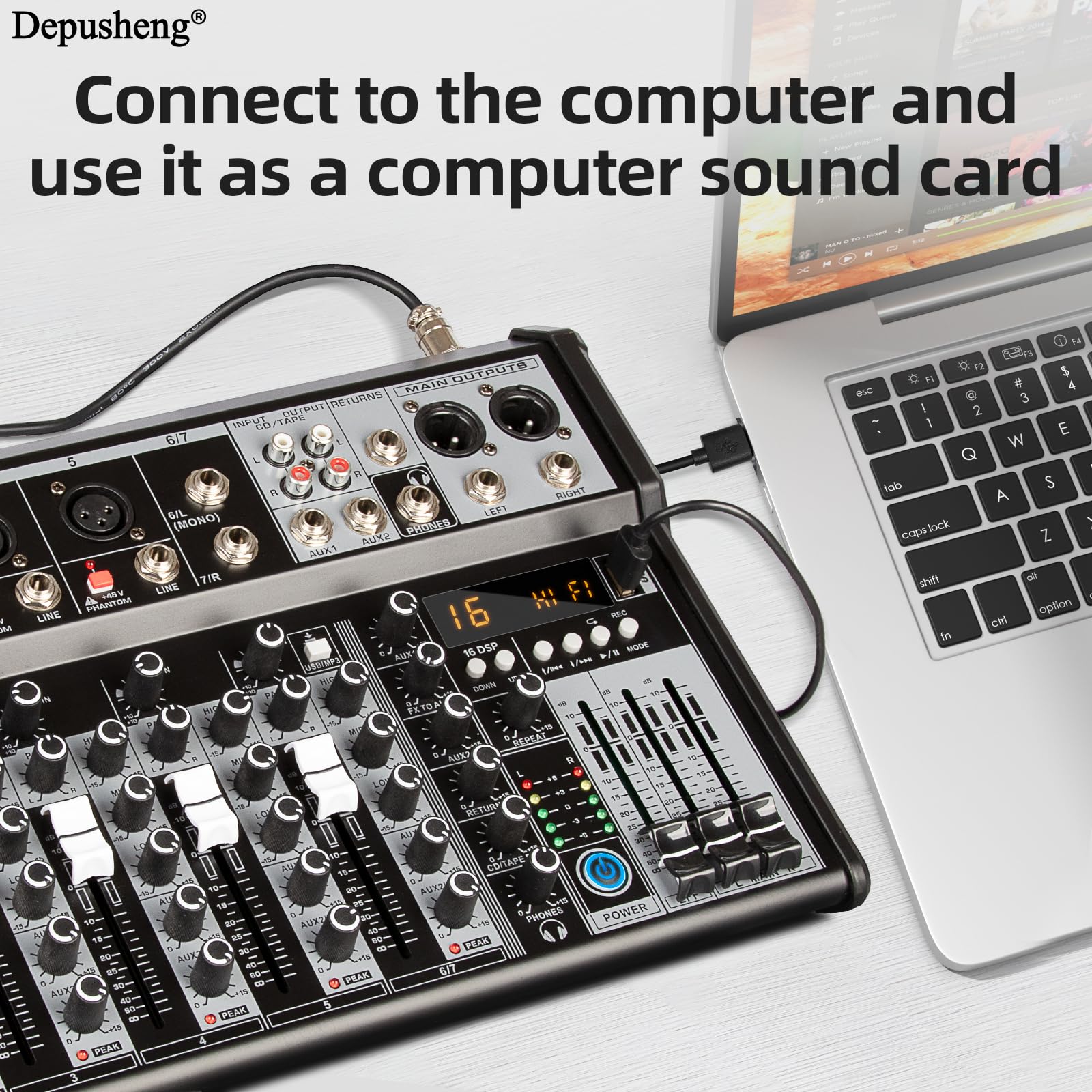 Depusheng Professional Audio Mixer, 7 Channel Audio Interface Sound Board Mixing Console System, 16-Bit DSP DJ Bluetooth Mixer +48V Phantom Effect For Karaoke Studio Streaming Recording (XT7)