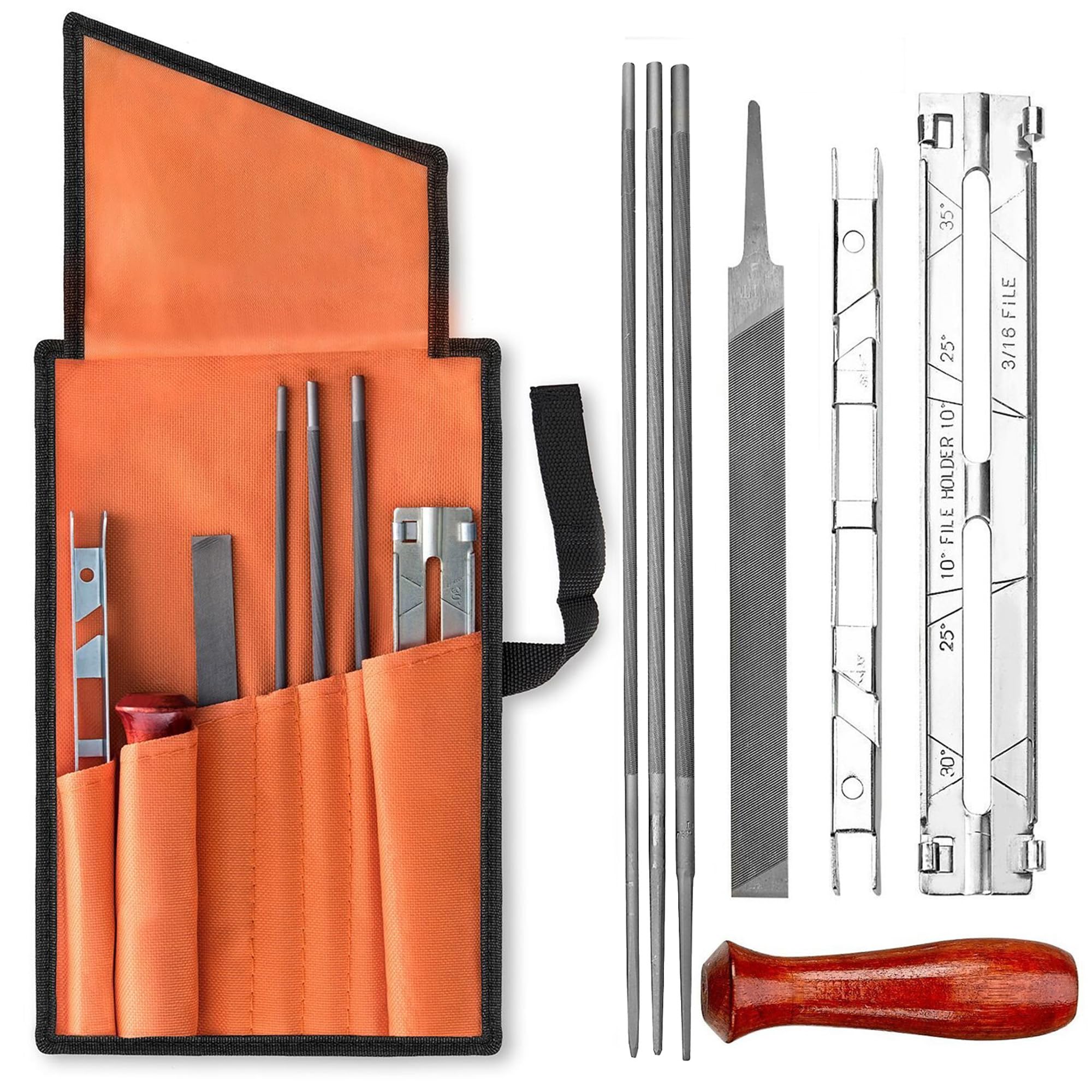 MeasuProChainsaw Sharpening Kit - 7 Piece Set with Round Files (5/32", 3/16", 7/32"), Flat File (6"), Handle, Filing Guide, and Travel Pouch - Complete Chainsaw Maintenance and Sharpening Solution