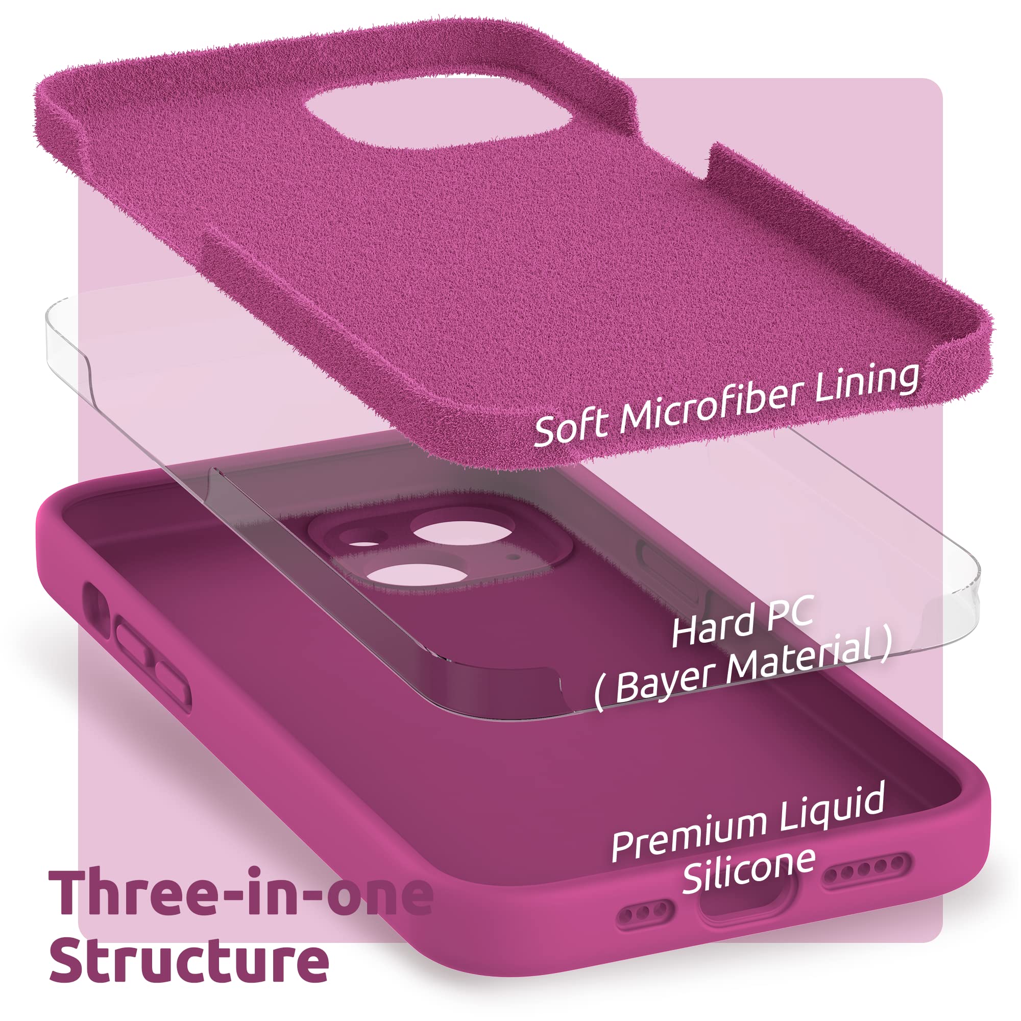 SURPHY Cover per iPhone 13 con Vetro Temperato (6,1"), Custodia per iphone 13 Silicone con Protezione Fotocamera, case protezione Completa,Antiurto, Morbida Microfibra Antigraffio (Rosa Caldo)