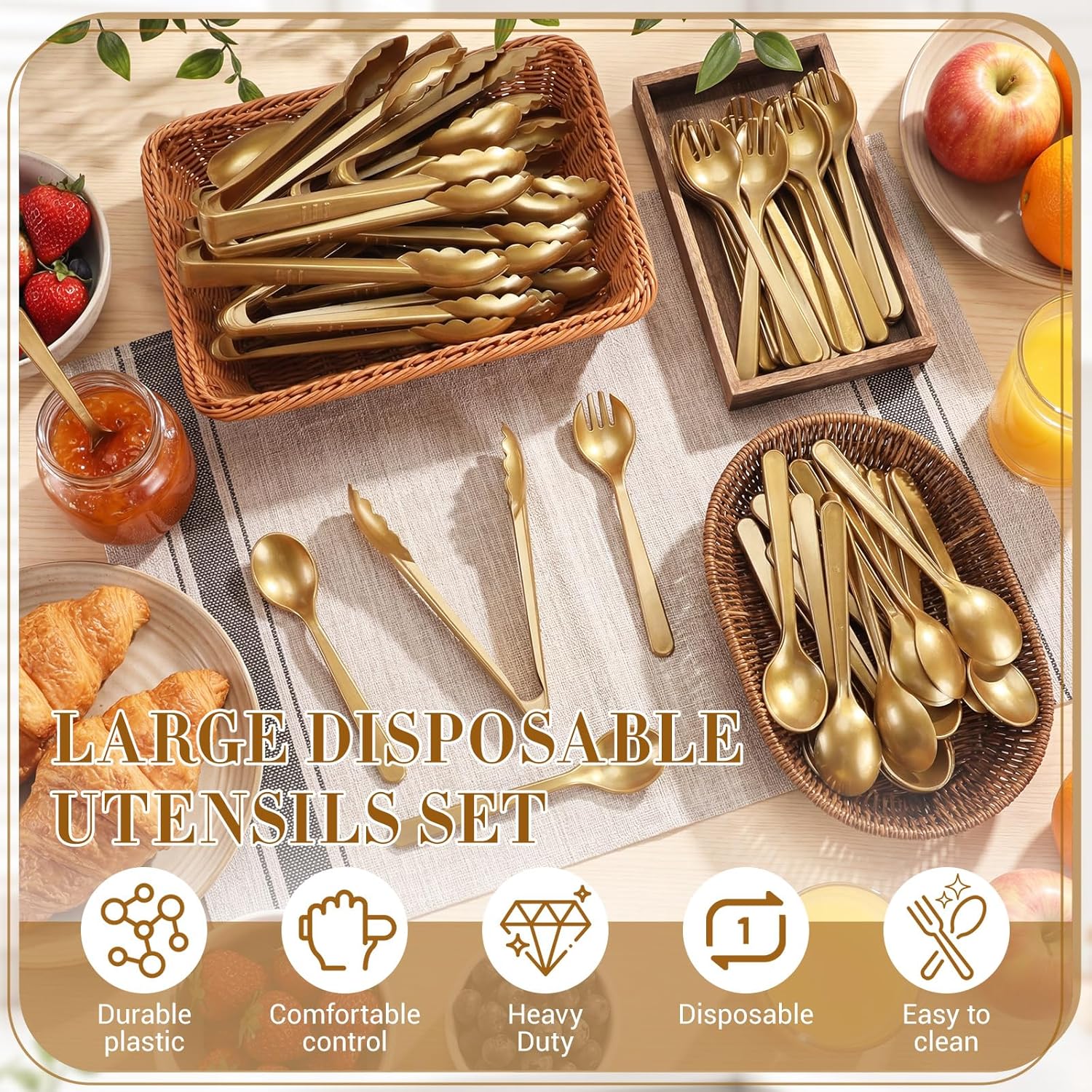 FoldTier 72 Pcs Disposable Plastic Serving Utensils Set Gold Serving Spoons Forks Tongs, Disposable Utensils for Party Weddings Birthday Dinner Buffets Banquets