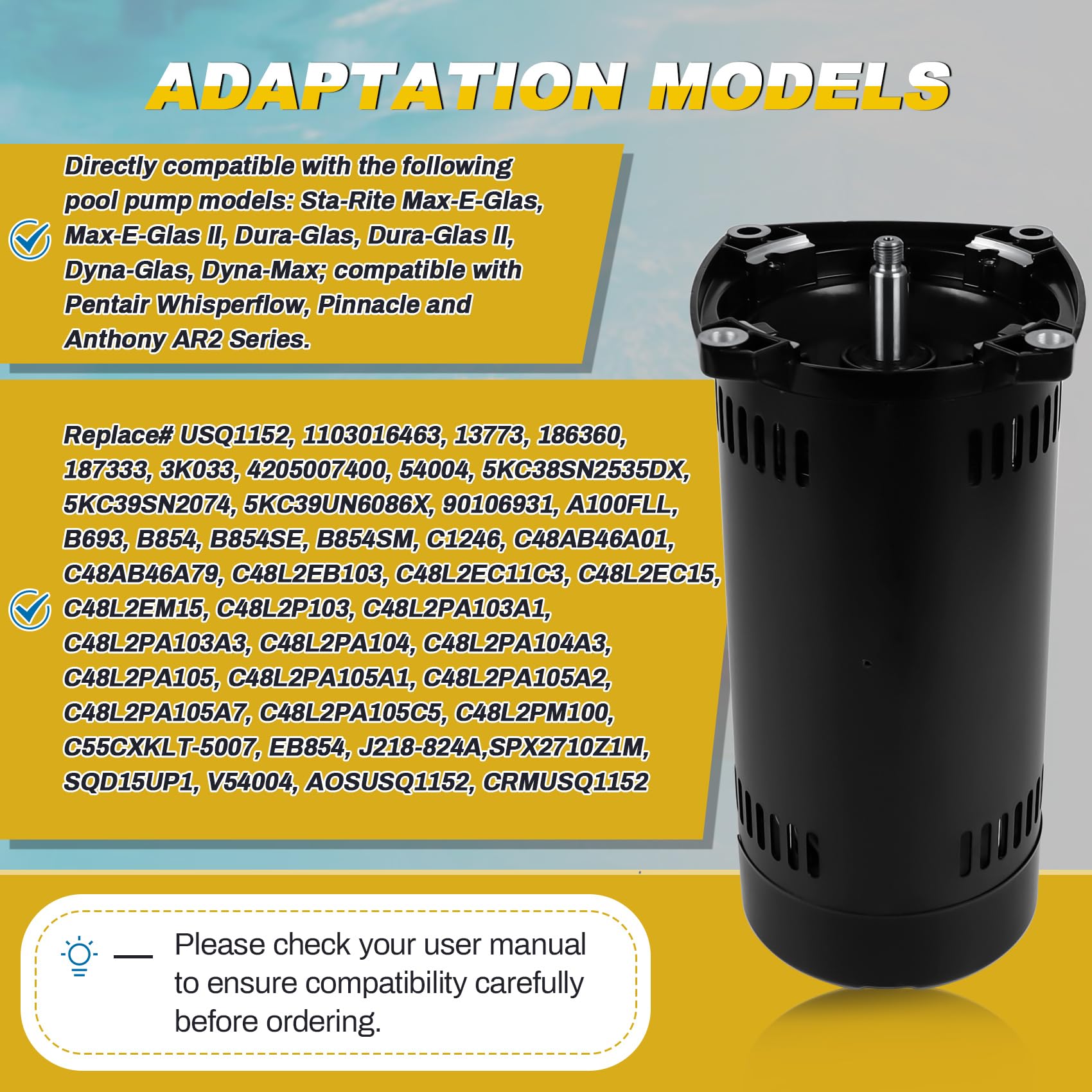 1.5 HP Pool Pump Motor – Compatible With A.O. Smith Century B2854