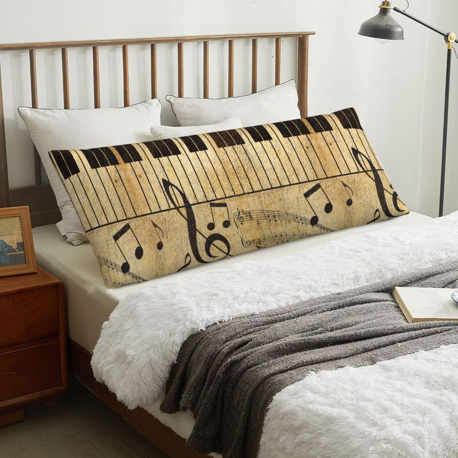 Vintage Music Note Piano, Body Pillow Cover with Zipper,Long Body Pillowcase 20 x 60 in