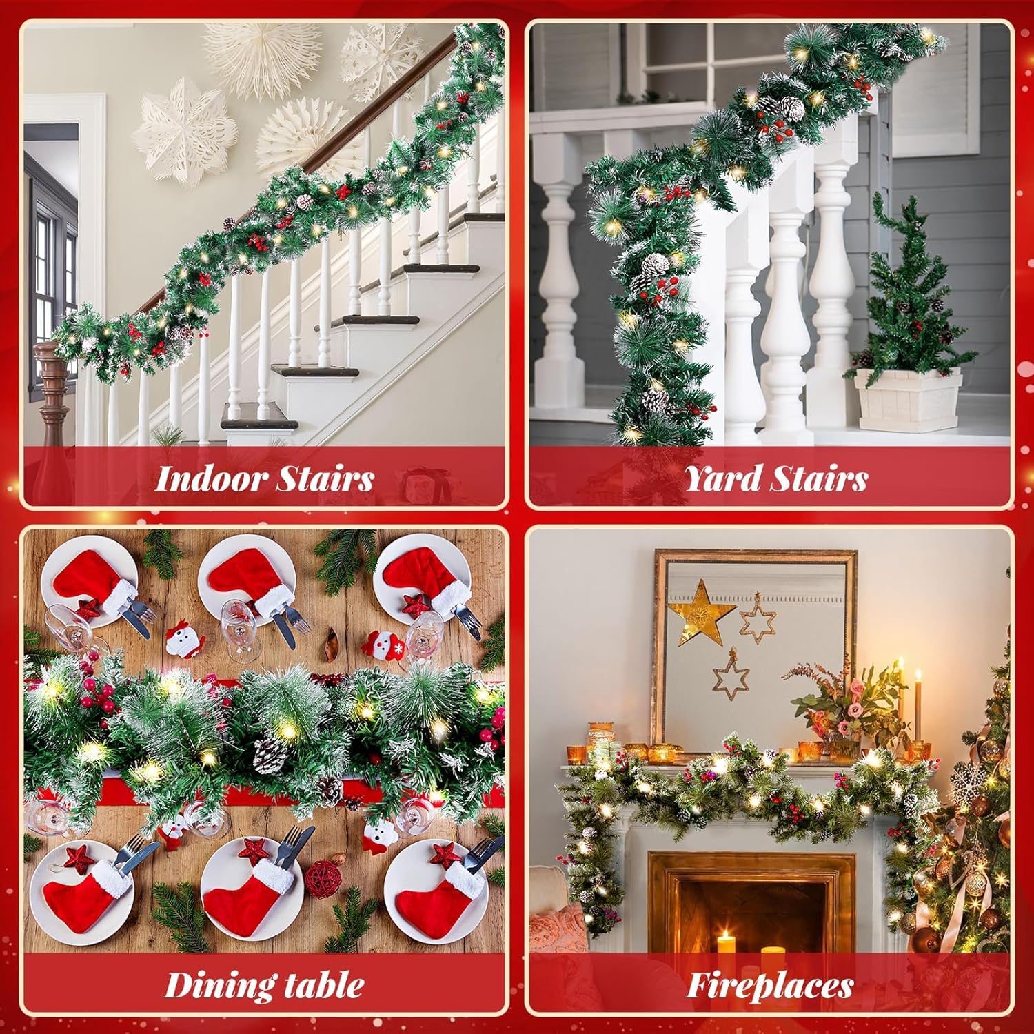 9FT Christmas Garland with Lights, Timer Artificial Lighted Garland Indoor for Stairs, Fireplace, 50 Lights Green Garland, Christmas Decoration with Cones & Red Berries & Pine Needle - Image 4