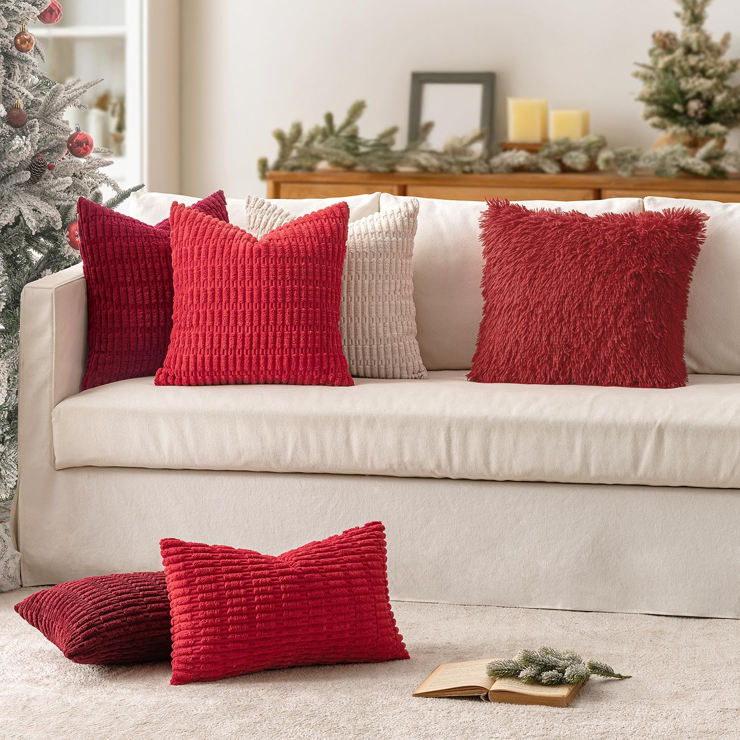 MIULEE Pack of 2 Luxury Faux Fur Fluffy Throw Pillow Covers Set Soft Deluxe Winter Christmas Decorative Plush Fleece Pillowcases for Cushion Couch Sofa Bedroom Home 24x24 Inch Red
