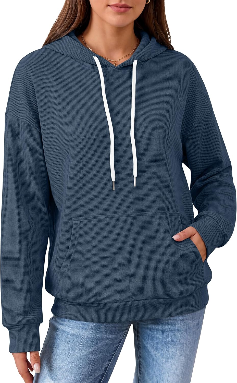 ANRABESS Women's Waffle Knit Hoodie Loose Fit Sweatshirts | Soft Comfy Lightweight Drawstring Pullover Tops with Pocket, Travel & Casual Wear, Cute Trendy Clothes, Fall Winter Outfits