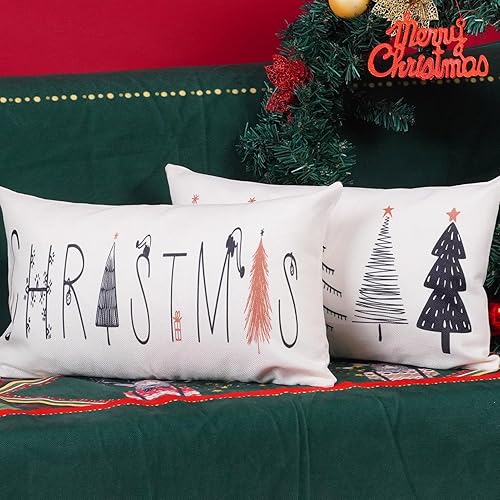 Miniatura 3 de ONWAY Juego de 2 fundas de almohada lumbar de árbol negro de Navidad de 12 x 20 pulgadas, fundas de cojín para decoración de sofá y hogar
