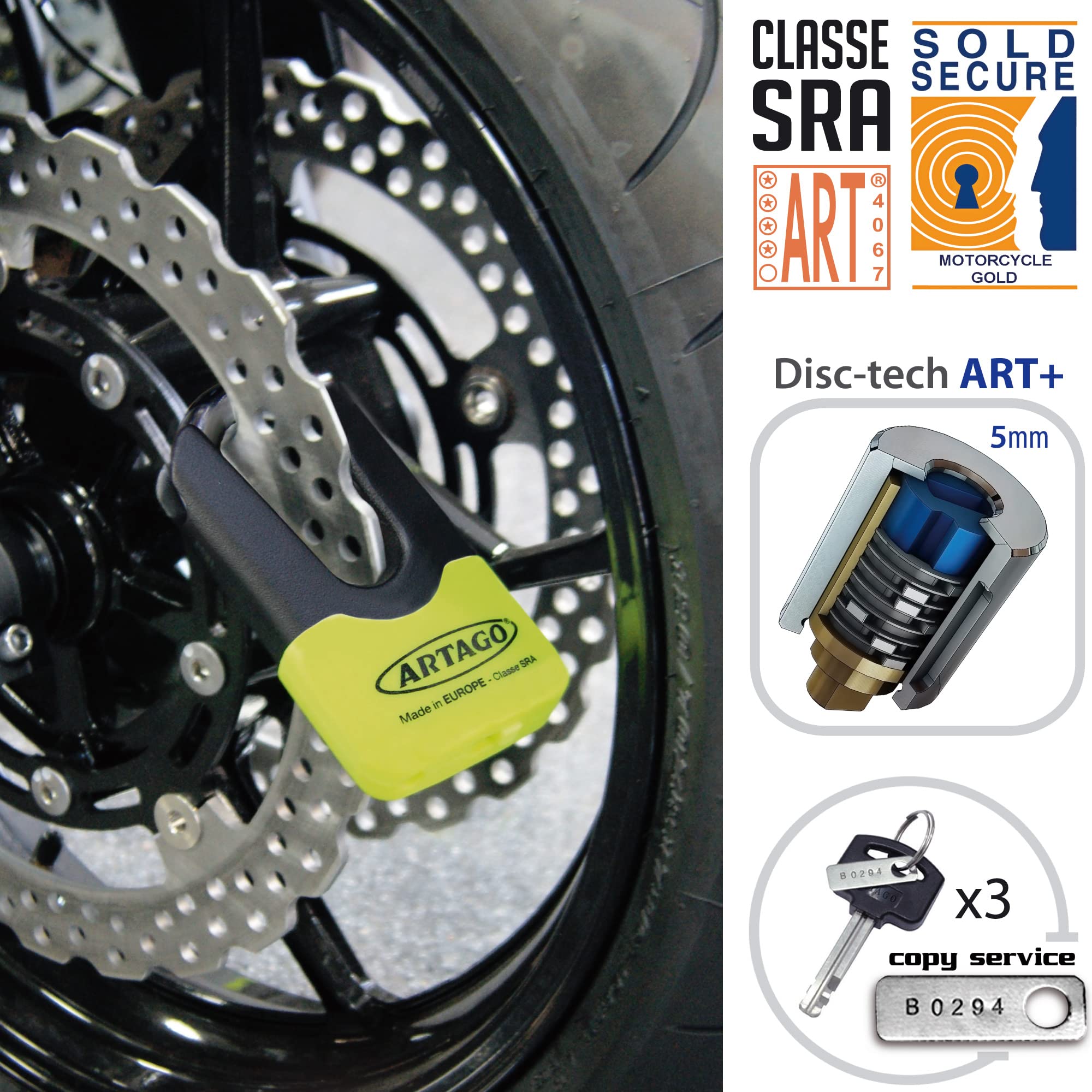 Artago 69X6 Pack Lucchetto Antifurto Bloccadisco ad Alta Sicurezza + Supporto per Yamaha MT-09 e Tracer 900, Omologato Sra, Sold Secure Gold, ART4