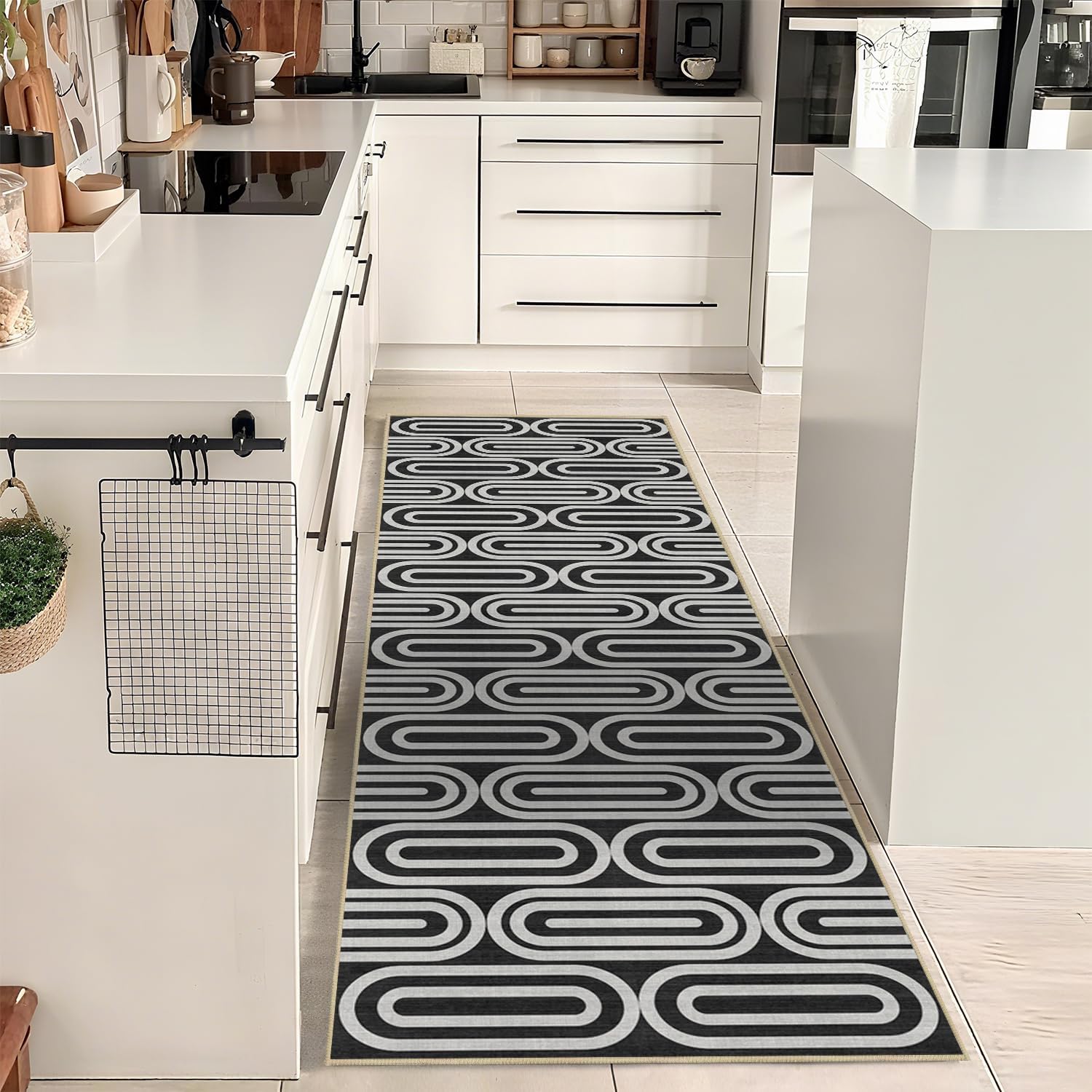 Runner Rug 2x6 Geometric Washable Non-Slip Low Pile Hallway Runner Abstract Neutral Rug Black White Carpet Mat for Kitchen Bathroom Bedroom Laundry Room Living Room