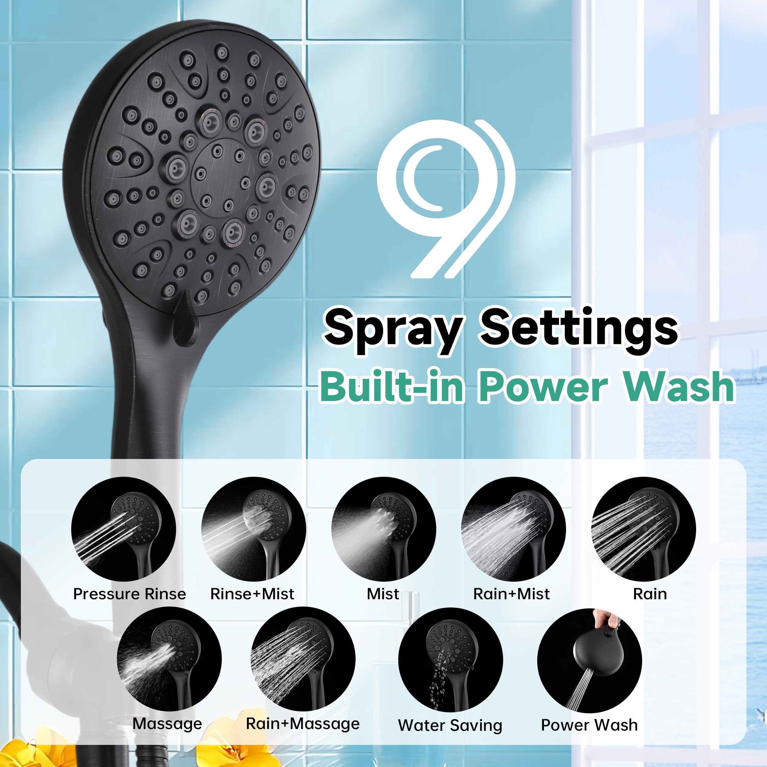 BRIGHT SHOWERS Cabezal de ducha de alta presión con mano, 9 ajustes de pulverización, cabezal de ducha integrado para limpiar bañera y mascotas, manguera extralarga de 69 pulgadas, soporte ajustable,