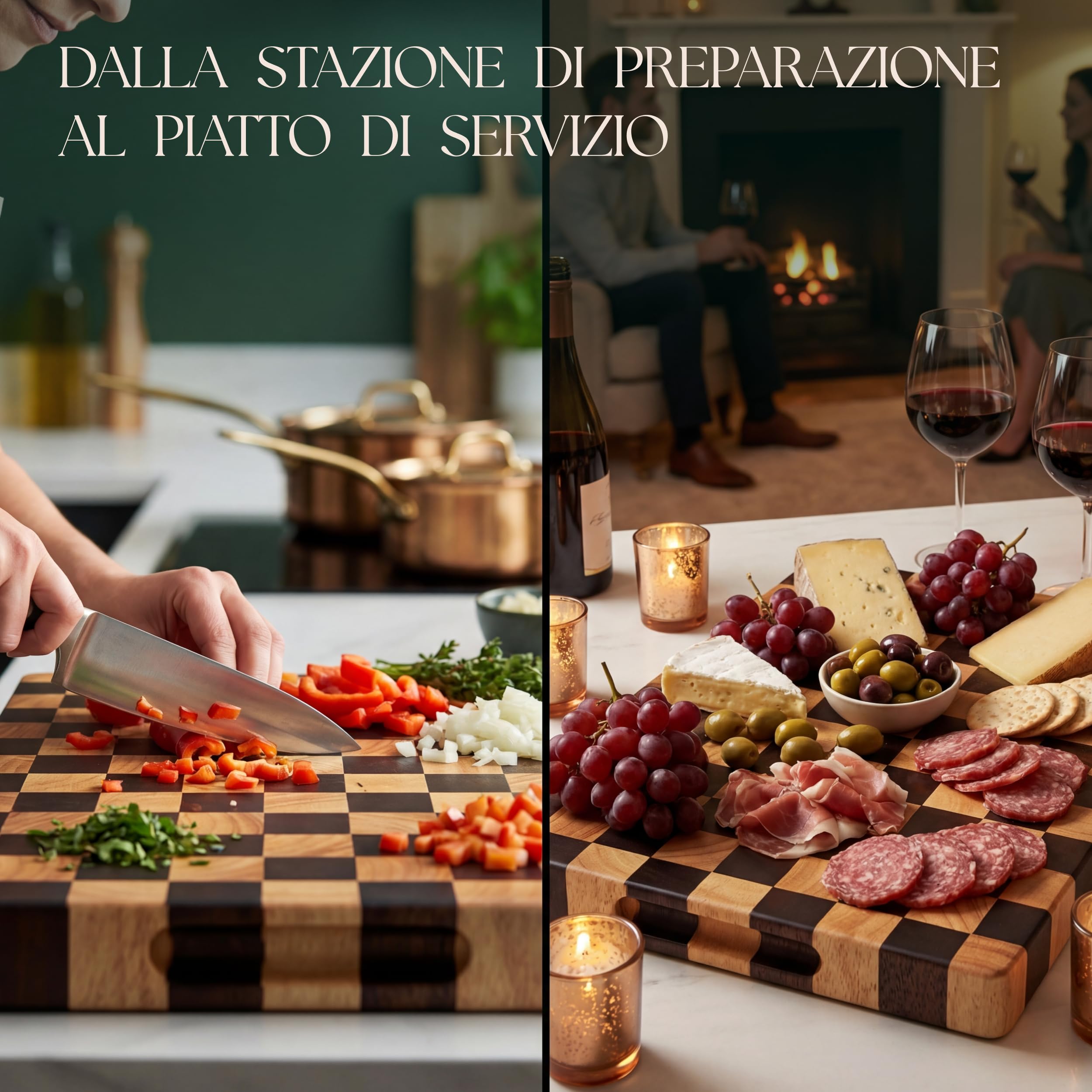 Deer & Oak Tagliere in acacia legno di punta motivo scacchiere e olio alimentare – 45 x 31 x 3,5 cm, blocco macellaio FSC pre-oliato con maniglie, tavola antipasto