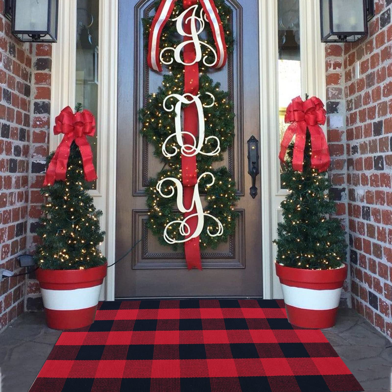 Red and Black Plaid Rug 24 x 37 Check Outdoor Front Door Decorative Mat Cotton Woven Rug for