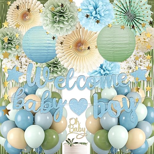 Dusty Blue Sage Green Baby Shower Decorations -Welcome Baby Boy