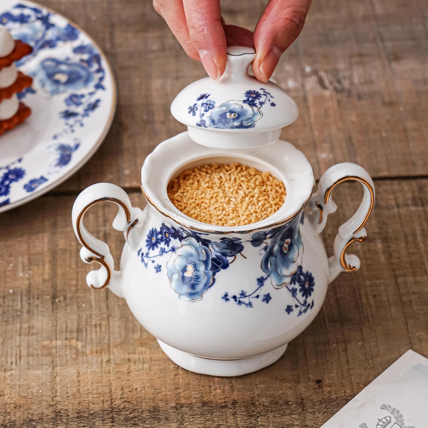 Ceramic Sugar and Creamer Set, 2 Piece Set with Cream Pitcher, Sugar Bowl (Blue Flowers) image 5